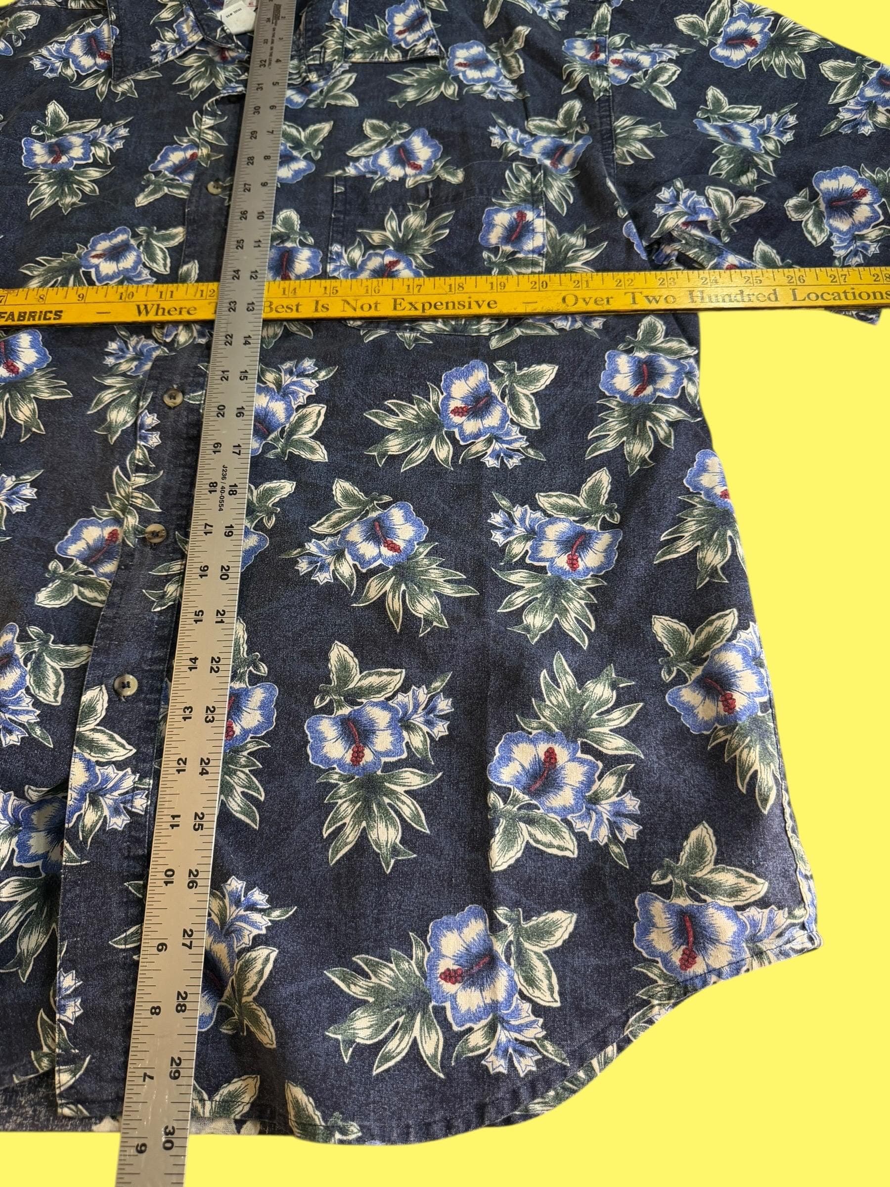 Vintage Red Eye Hawaiian Shirt XL | 90s Floral Denim Blue Chambray Button Down | Tropical Hibiscus Print Short Sleeve Cotton Aloha Shirt Men - Thumbnail 4