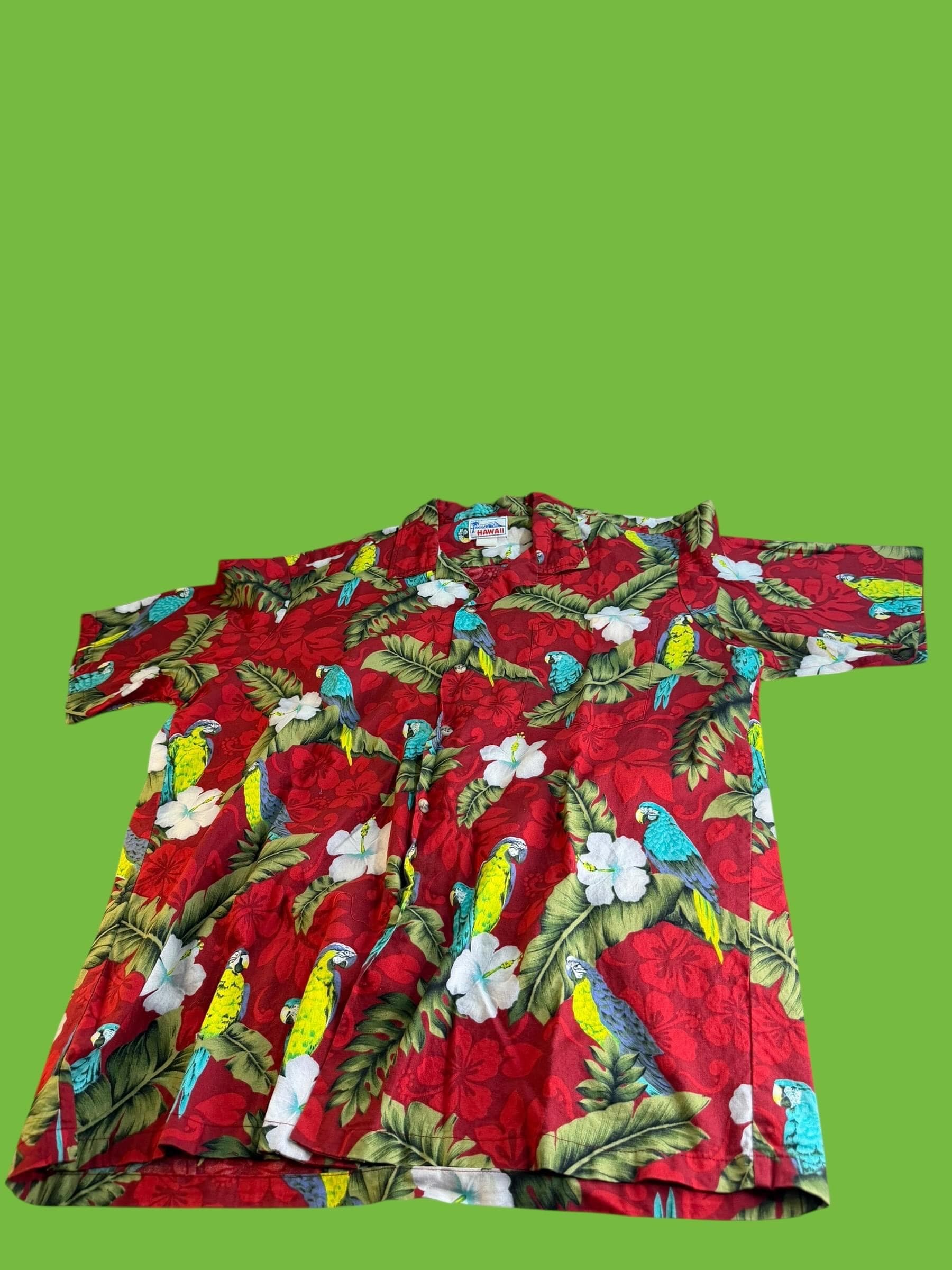 Vintage Hawaii Parrot Aloha Shirt XL Red Tropical Floral Button Up Made in Hawaii USA 100% Cotton - Image 1