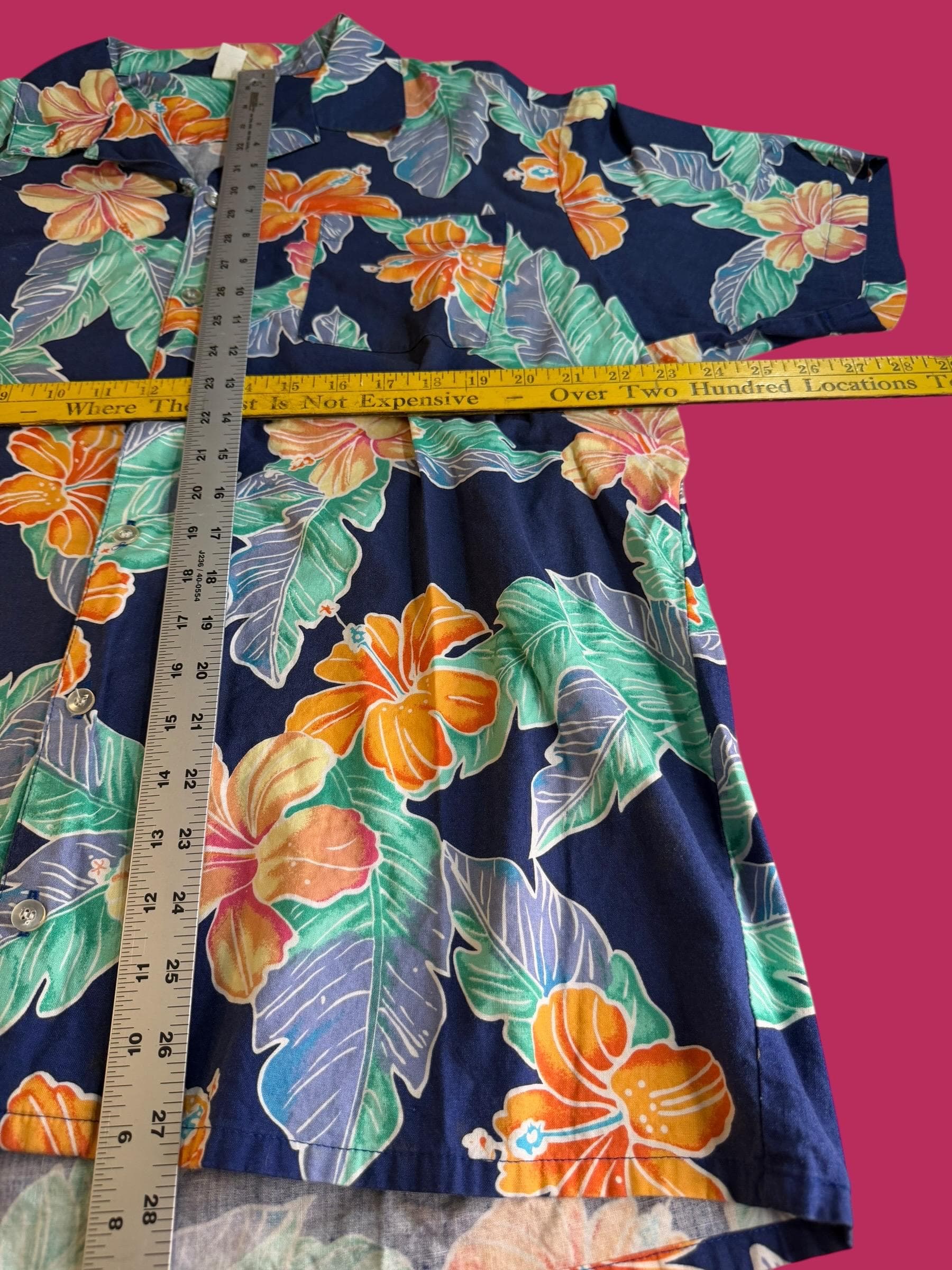 Vintage Hawaiian Shirt Men XL Navy Tropical Hibiscus Floral Aloha Camp Collar Made in USA Cotton - Thumbnail 3