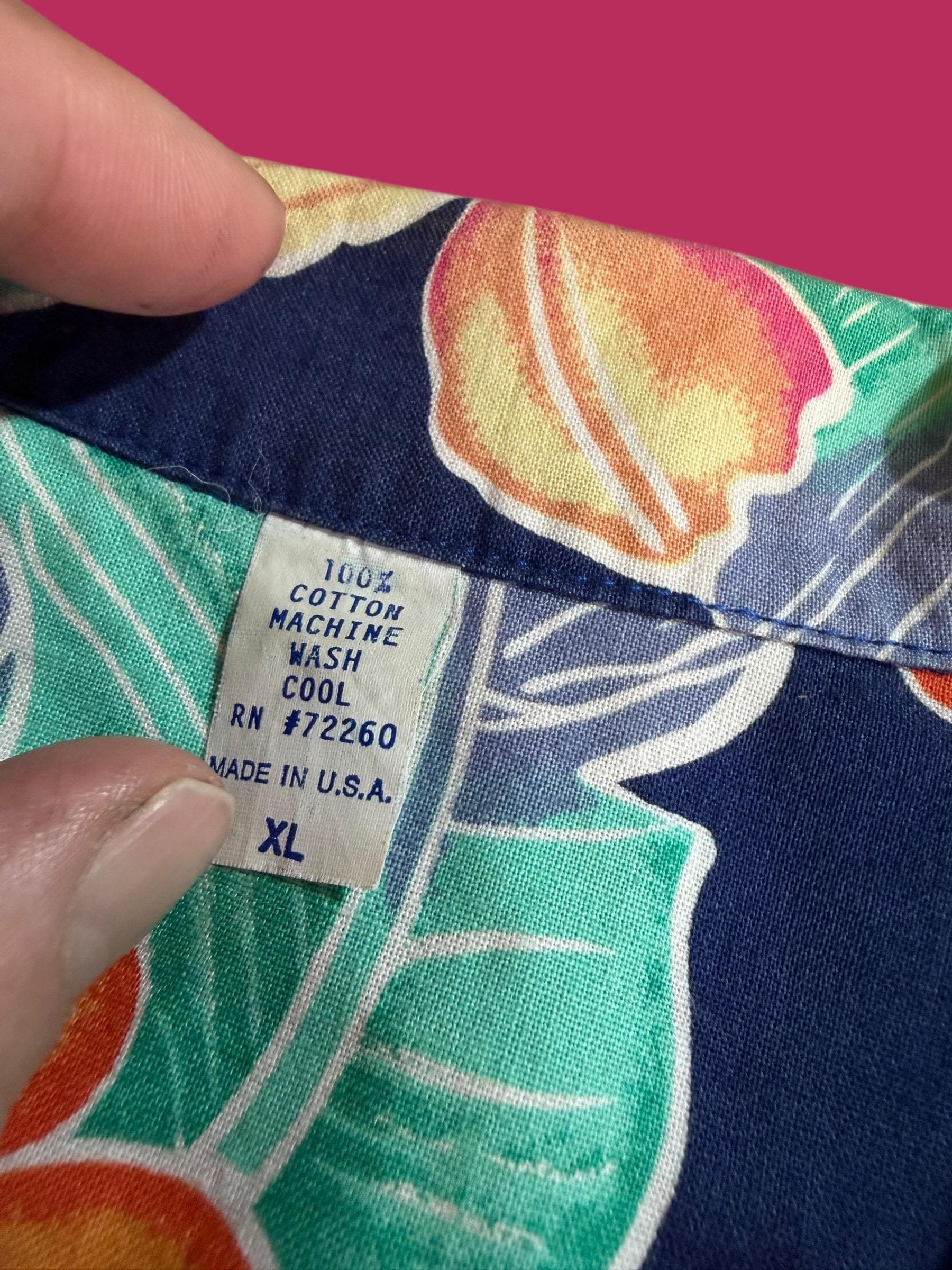 Vintage Hawaiian Shirt Men XL Navy Tropical Hibiscus Floral Aloha Camp Collar Made in USA Cotton - Thumbnail 2