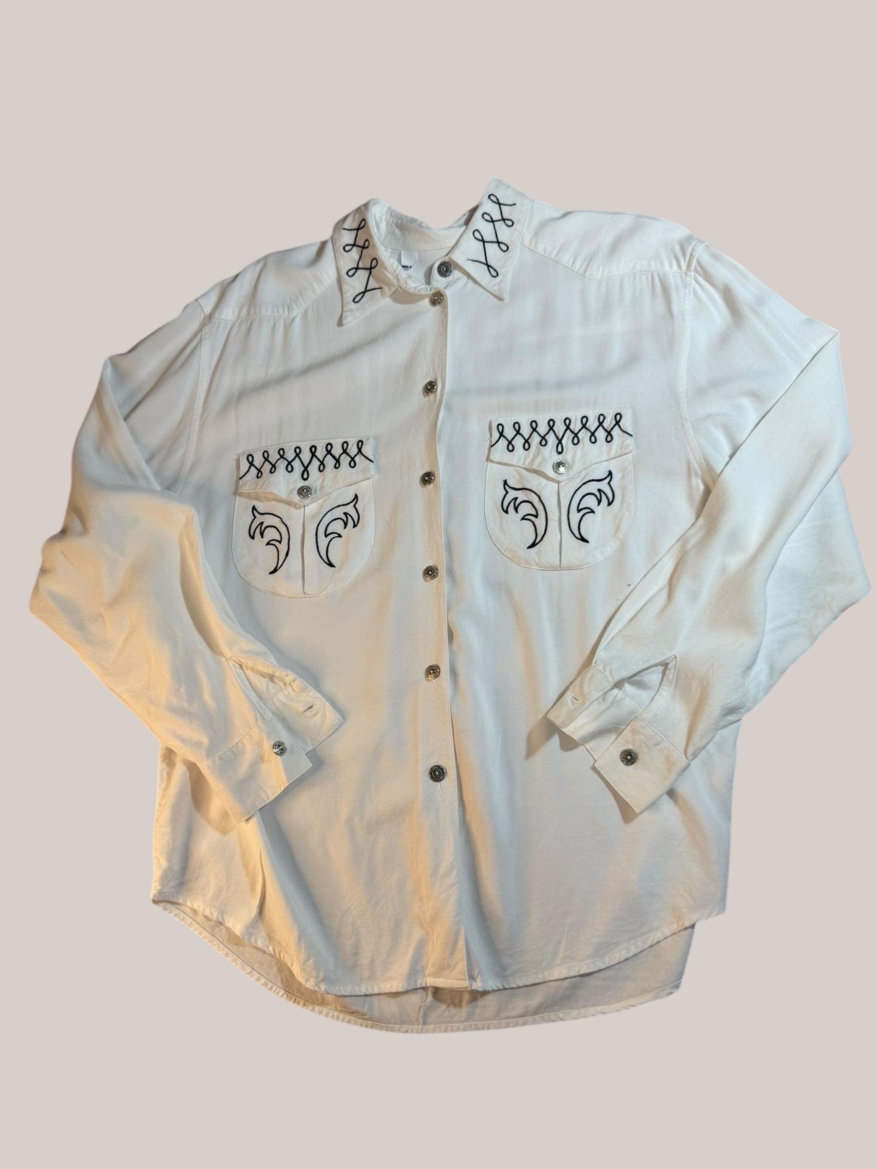 Vintage White Western Shirt Black Embroidery Silver Tone Buttons Size L - Image 1