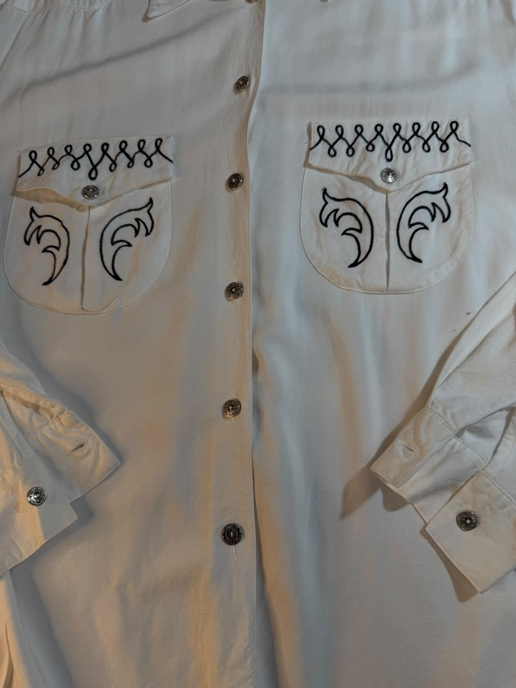 Vintage White Western Shirt Black Embroidery Silver Tone Buttons Size L - Thumbnail 4