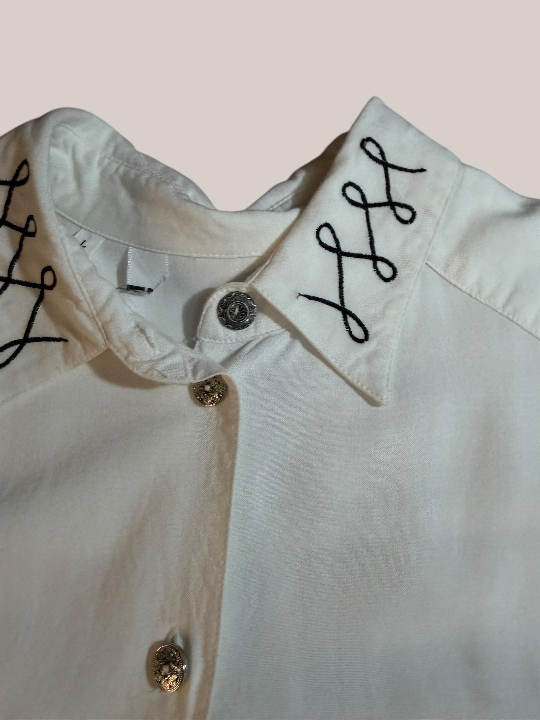 Vintage White Western Shirt Black Embroidery Silver Tone Buttons Size L - Thumbnail 5
