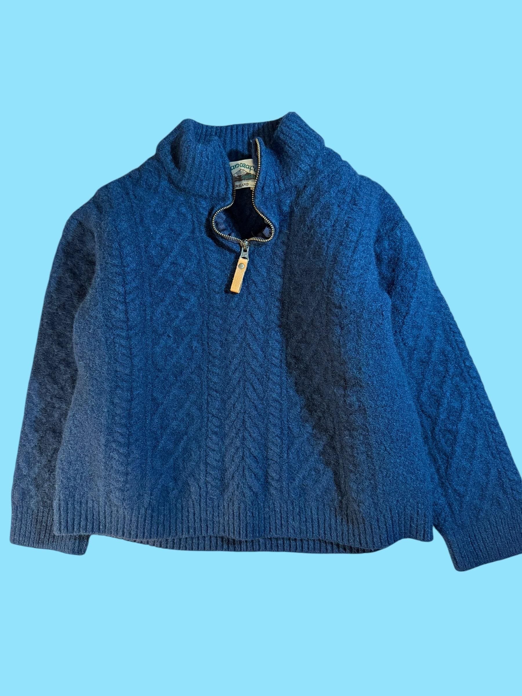 Vintage 80s 90s Aran Crafts Ireland Women’s L Cable Knit Merino Wool Half Zip Sweater | Teal Blue Irish Fisherman Knit | Leather Zipper Pull - Image 1