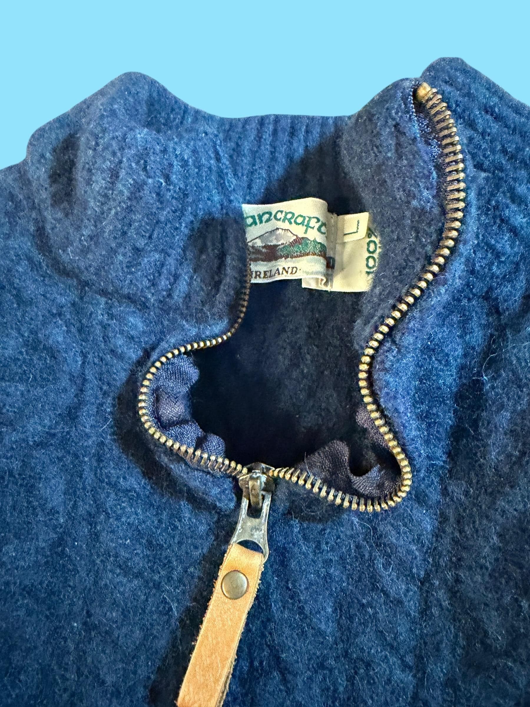 Vintage 80s 90s Aran Crafts Ireland Women’s L Cable Knit Merino Wool Half Zip Sweater | Teal Blue Irish Fisherman Knit | Leather Zipper Pull - Thumbnail 3