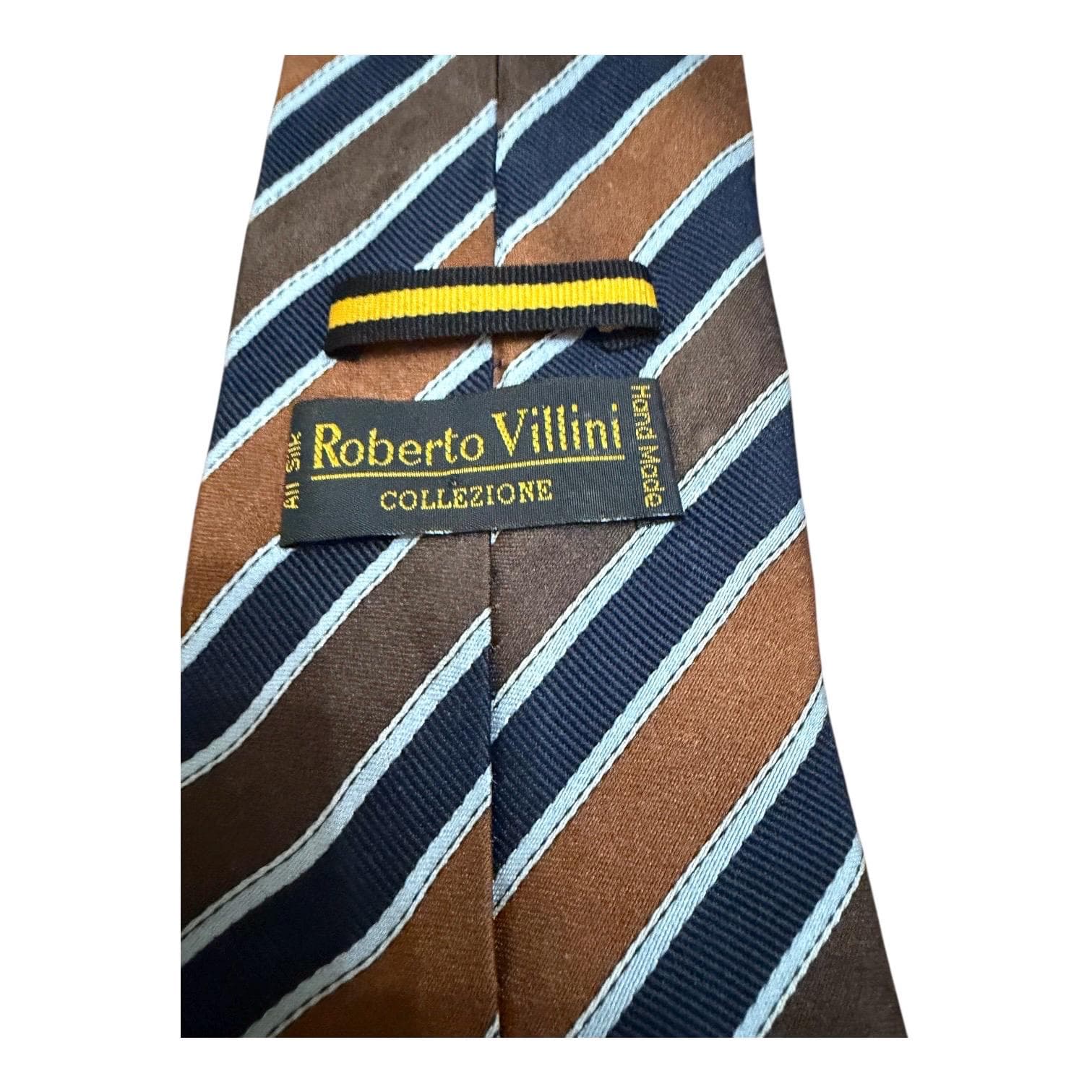 Vintage Roberto Villini Silk Necktie Brown Blue Striped Hand Made Korea - Thumbnail 2