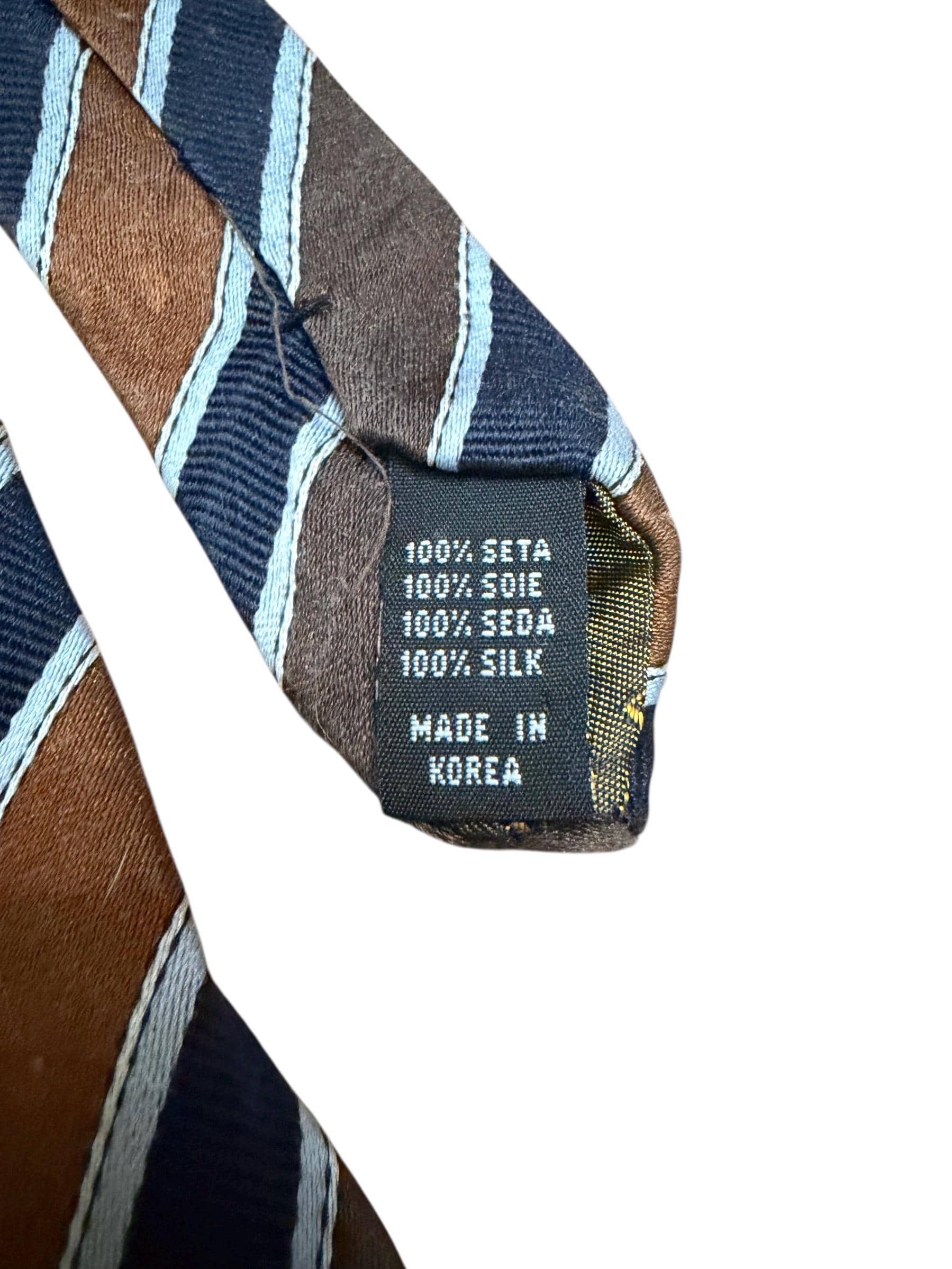Vintage Roberto Villini Silk Necktie Brown Blue Striped Hand Made Korea - Thumbnail 4