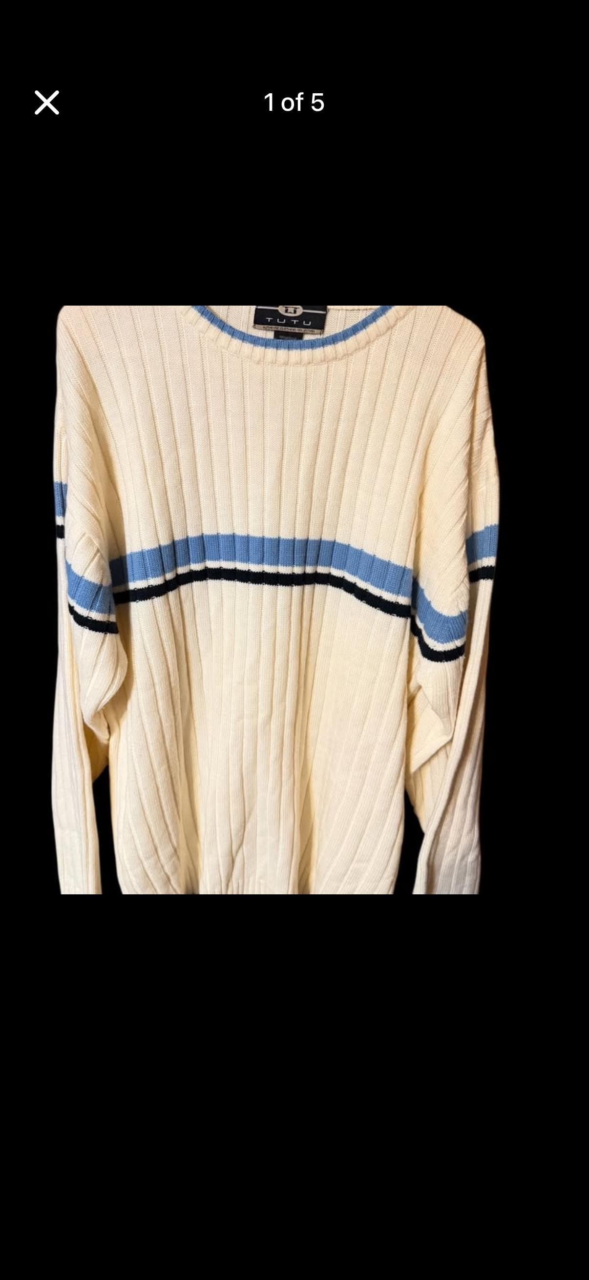Vintage TUTU Ribbed Knit Sweater Men’s XL Cream Blue Stripe Crewneck - Image 1
