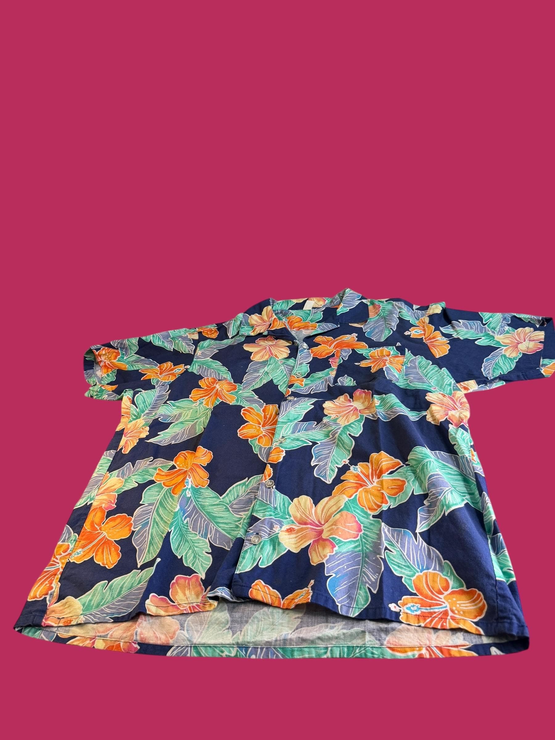 Vintage Hawaiian Shirt Men XL Navy Tropical Hibiscus Floral Aloha Camp Collar Made in USA Cotton - Image 1