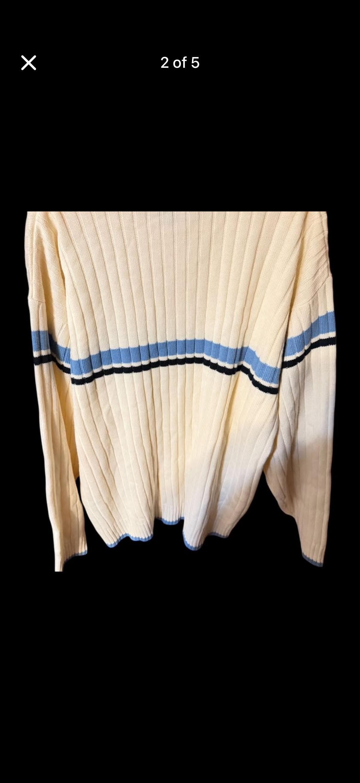 Vintage TUTU Ribbed Knit Sweater Men’s XL Cream Blue Stripe Crewneck - Thumbnail 2