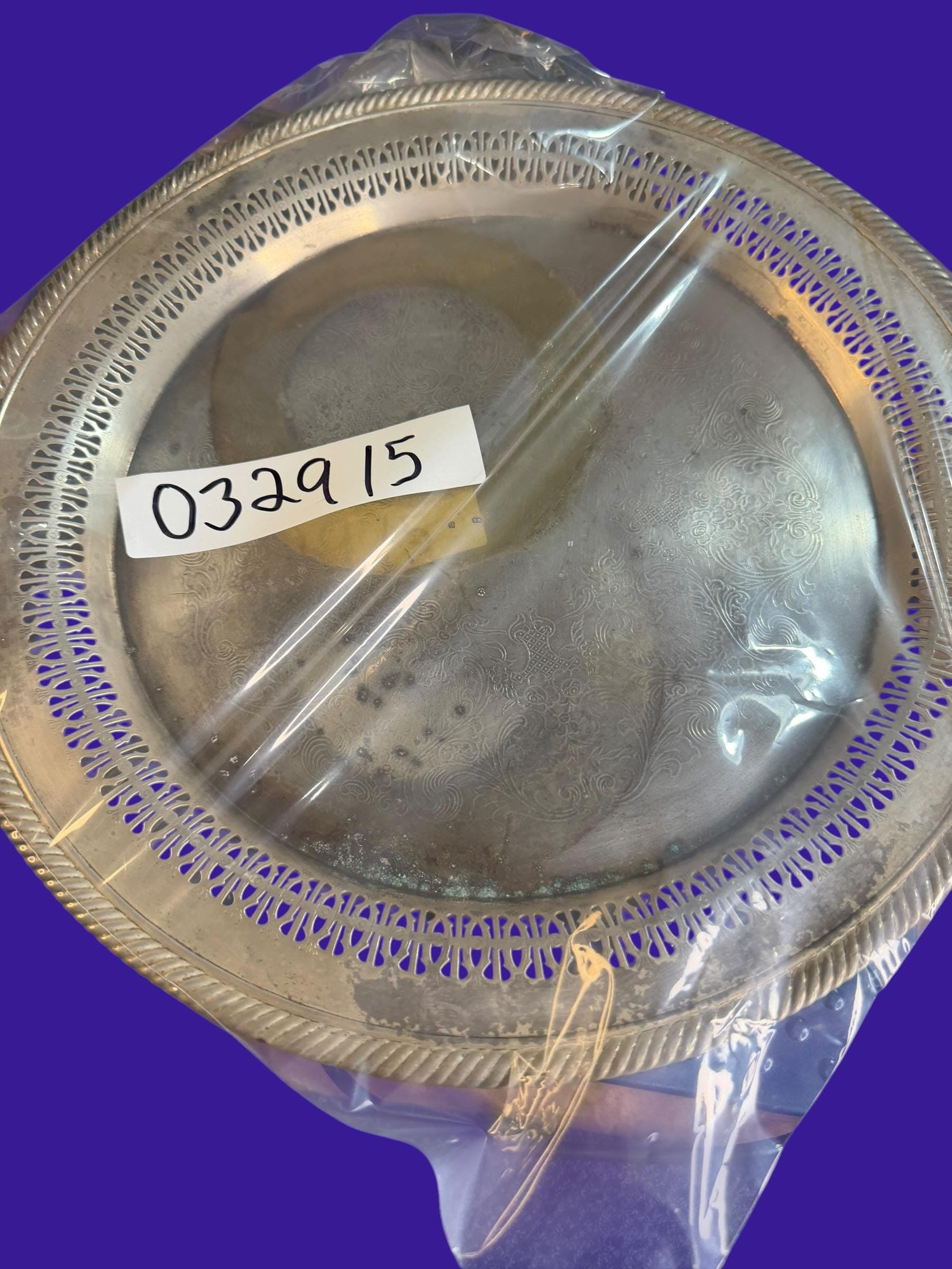 Vintage Silver Plate Round Tray Reticulated Pierced Gallery Rope Edge Engraved Floral Cottagecore - Thumbnail 3