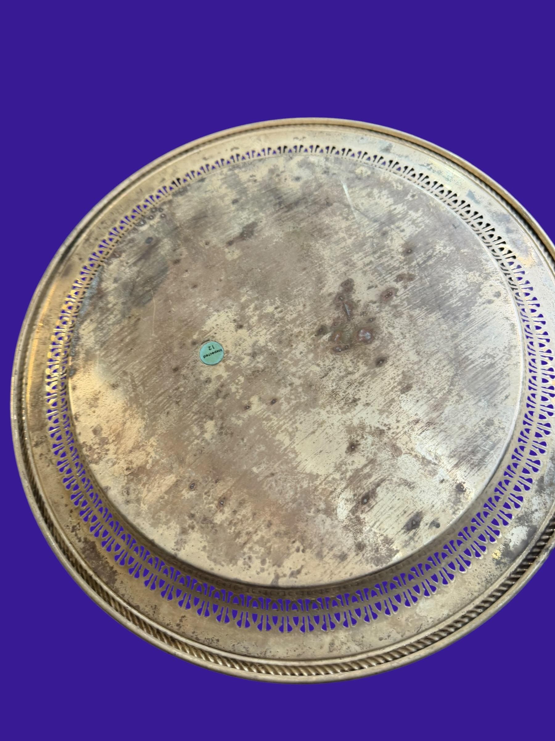 Vintage Silver Plate Round Tray Reticulated Pierced Gallery Rope Edge Engraved Floral Cottagecore - Thumbnail 4