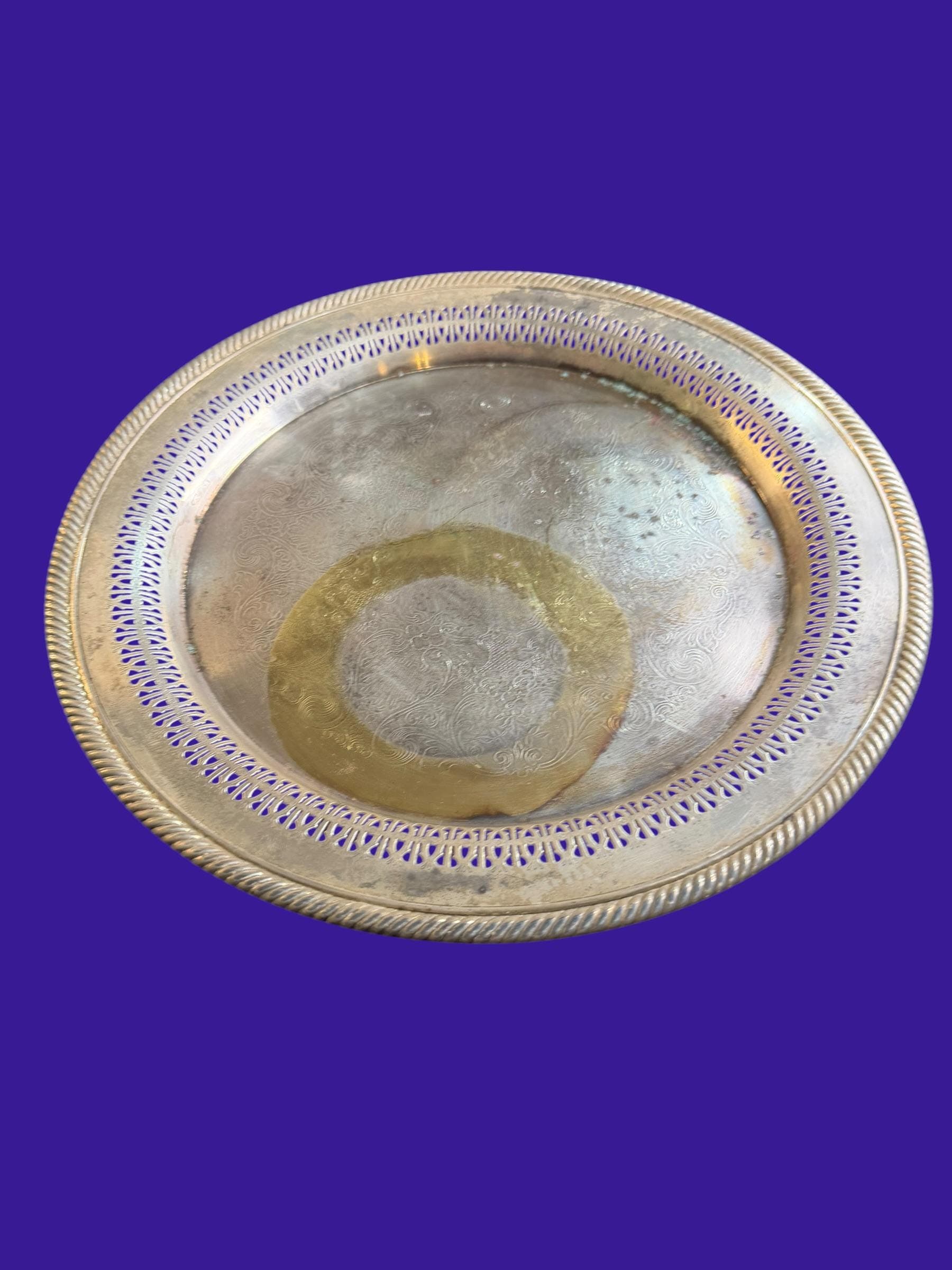 Vintage Silver Plate Round Tray Reticulated Pierced Gallery Rope Edge Engraved Floral Cottagecore - Image 1