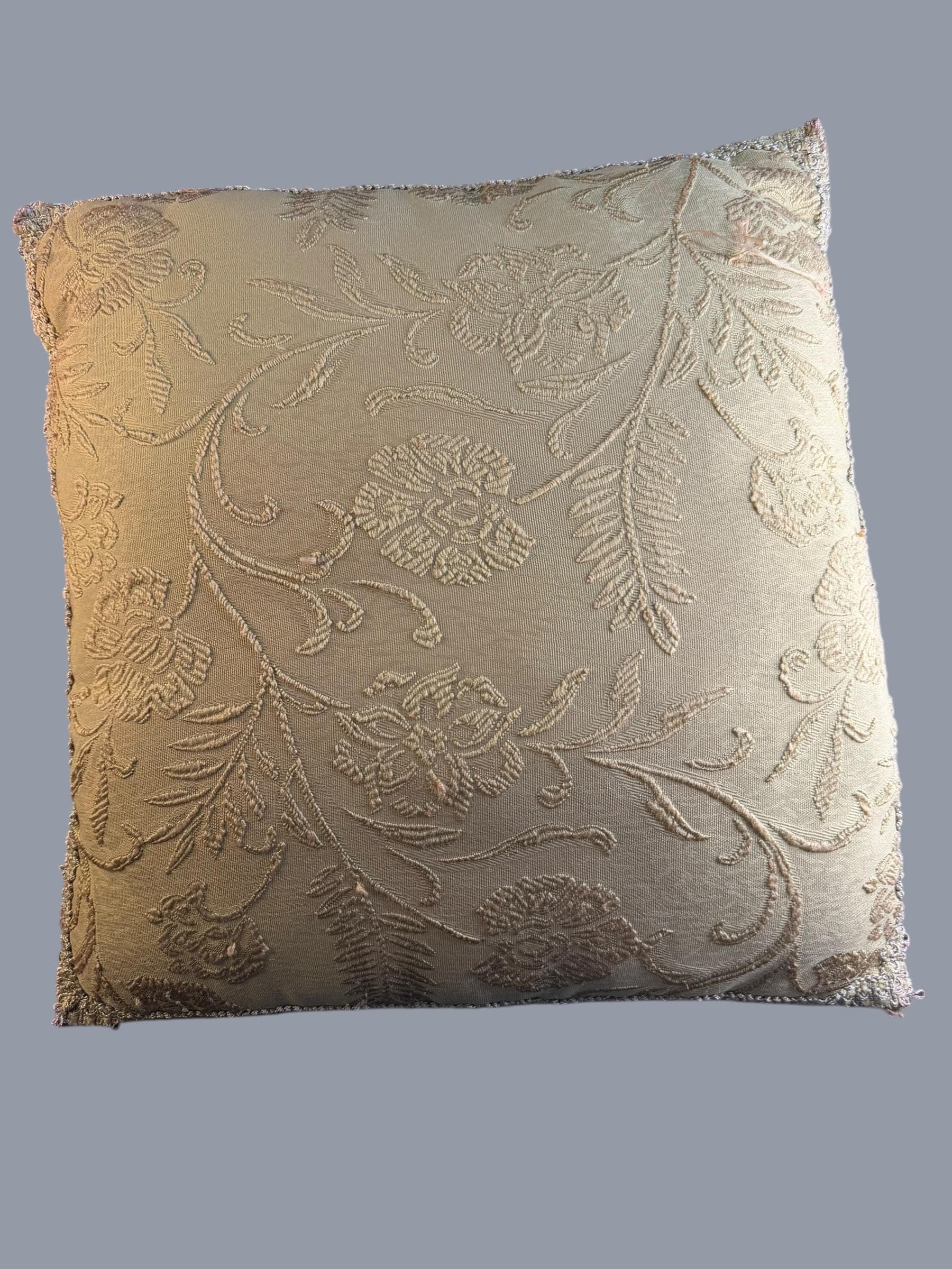 Vintage Sage Green Gold Floral Embroidered Throw Pillow Cottagecore Grandmillennial - Image 1