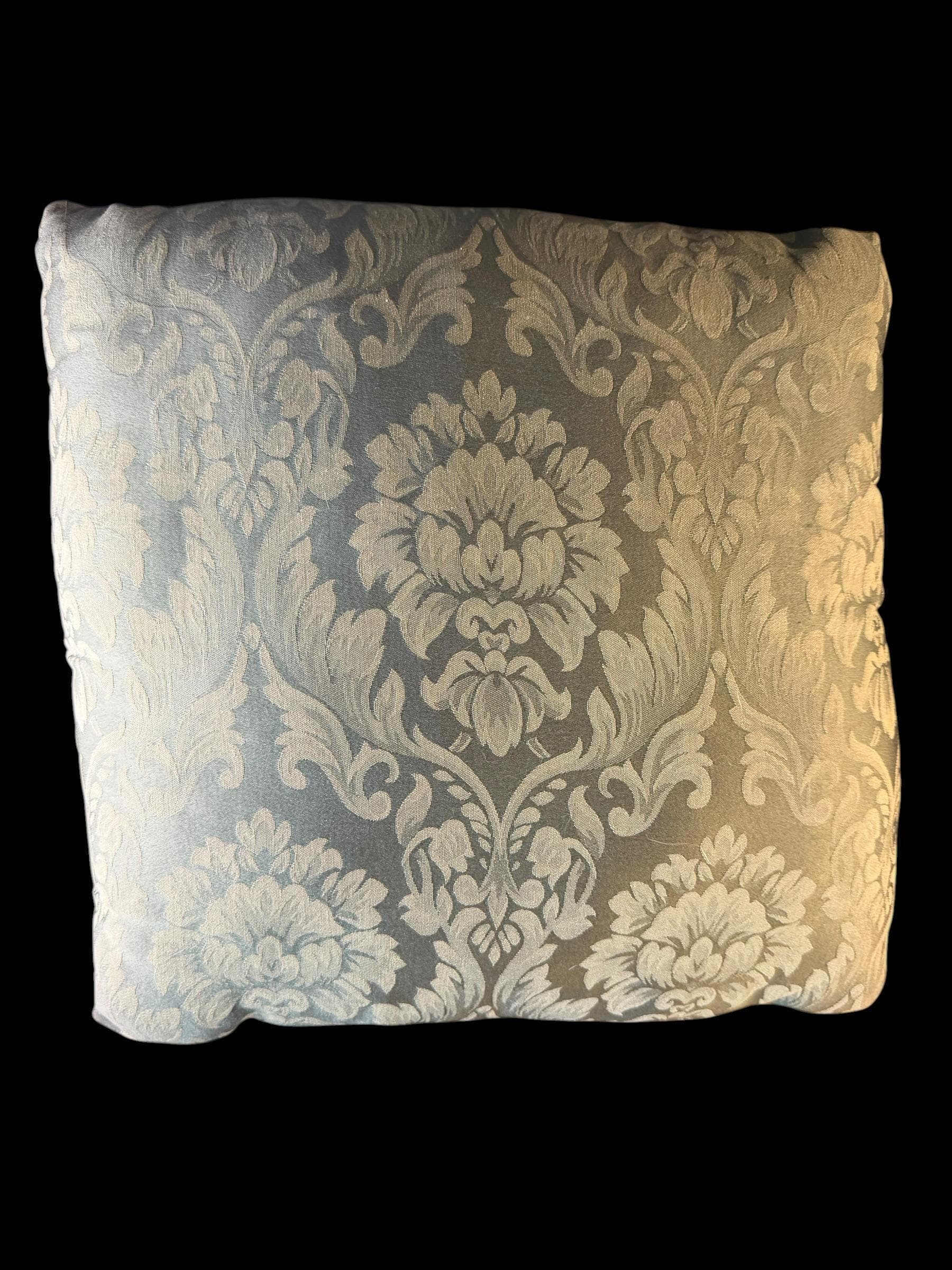 Vintage Silver Blue Damask Silk Throw Pillow Baroque Floral Scallop Trim 18x18 - Image 1
