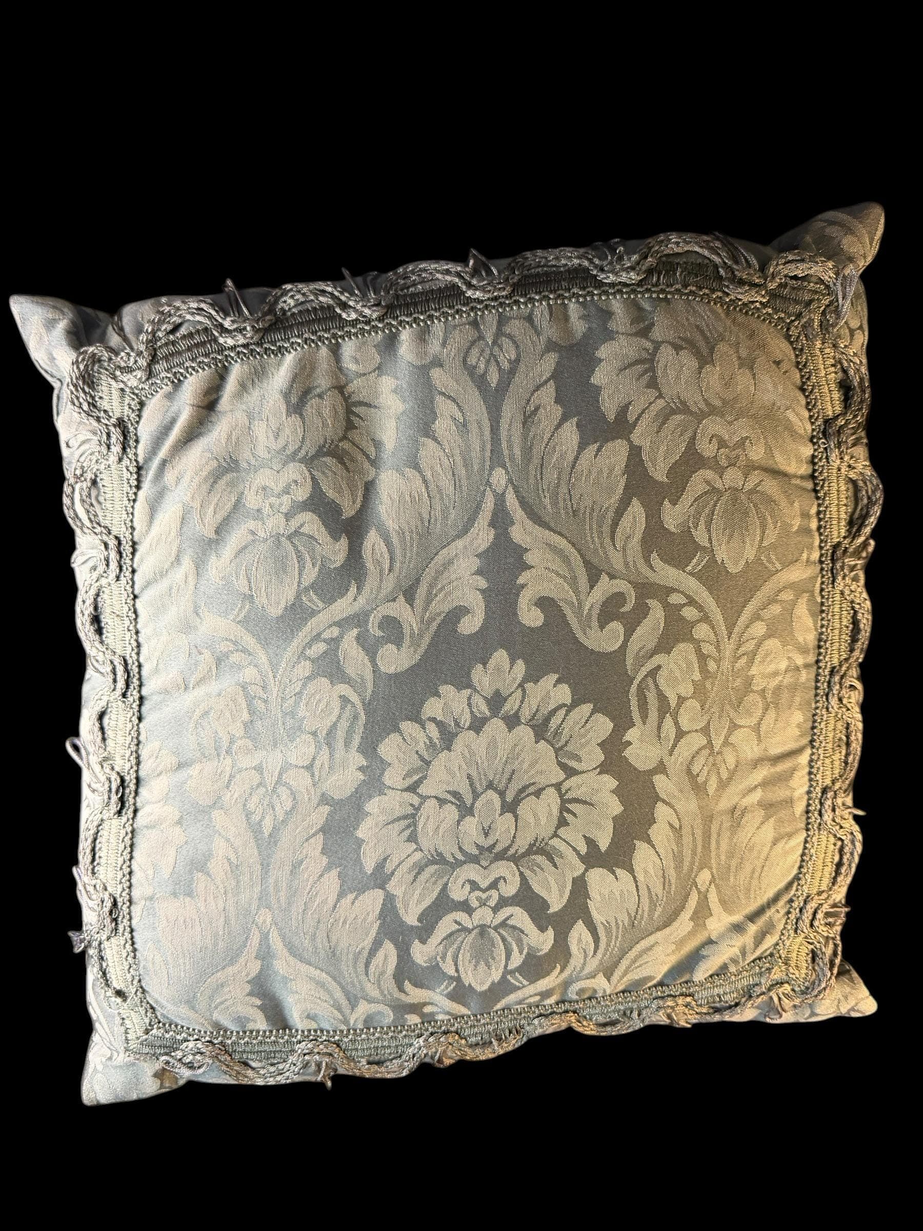 Vintage Silver Blue Damask Silk Throw Pillow Baroque Floral Scallop Trim 18x18 - Thumbnail 2