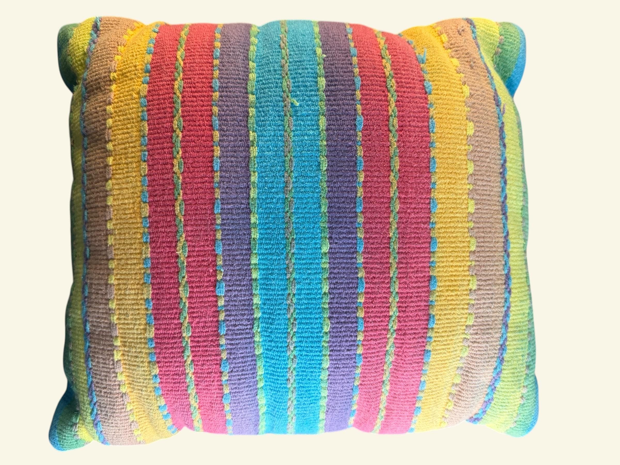 Boho Multicolor Rainbow Stripe Woven Throw Pillow Colorful Square Accent Decor - Image 1