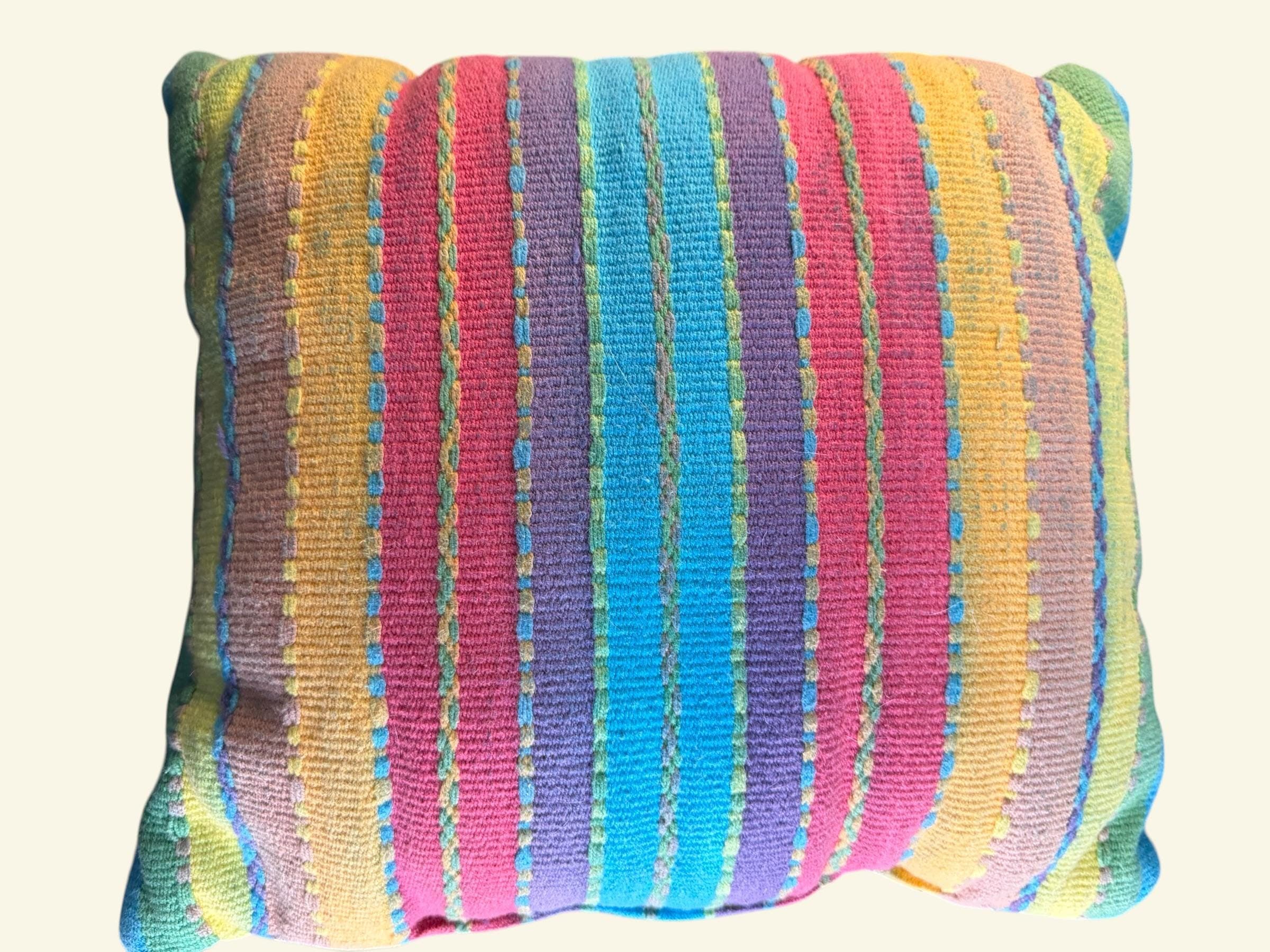 Boho Multicolor Rainbow Stripe Woven Throw Pillow Colorful Square Accent Decor - Thumbnail 2