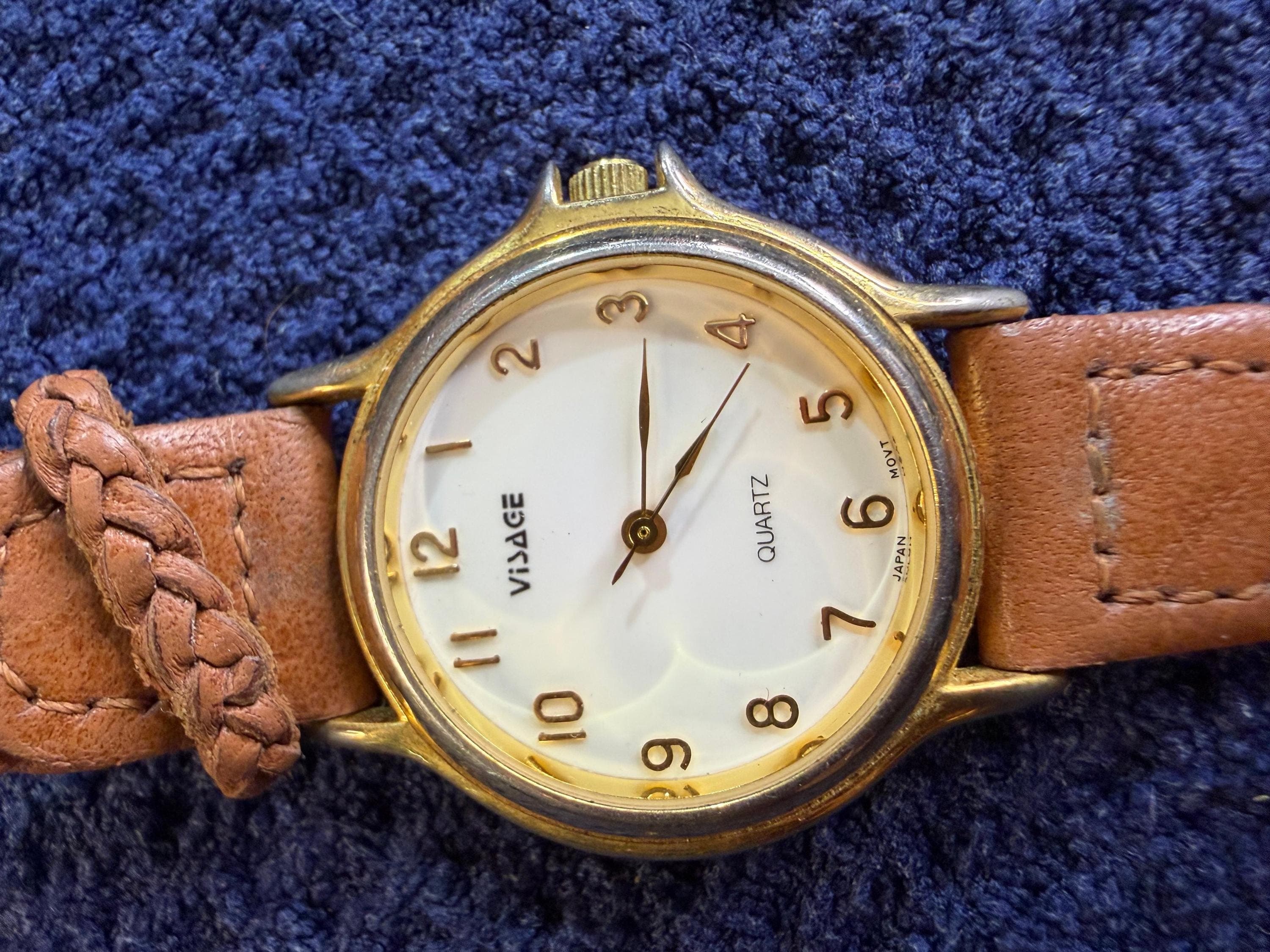 Vintage Visage Quartz Watch Gold Tone Braided Genuine Leather Strap Japan Movt - Image 1