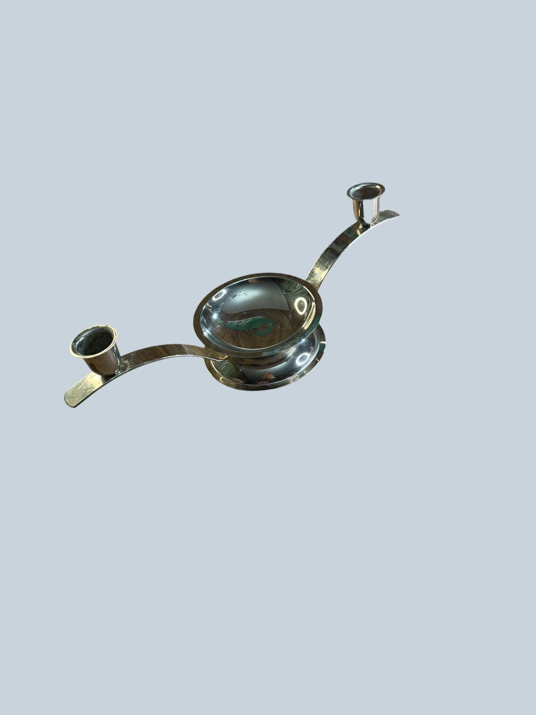 Silver Chrome 2-Arm Candleholder Candelabra Art Deco Modern Dome Base Double - Thumbnail 3