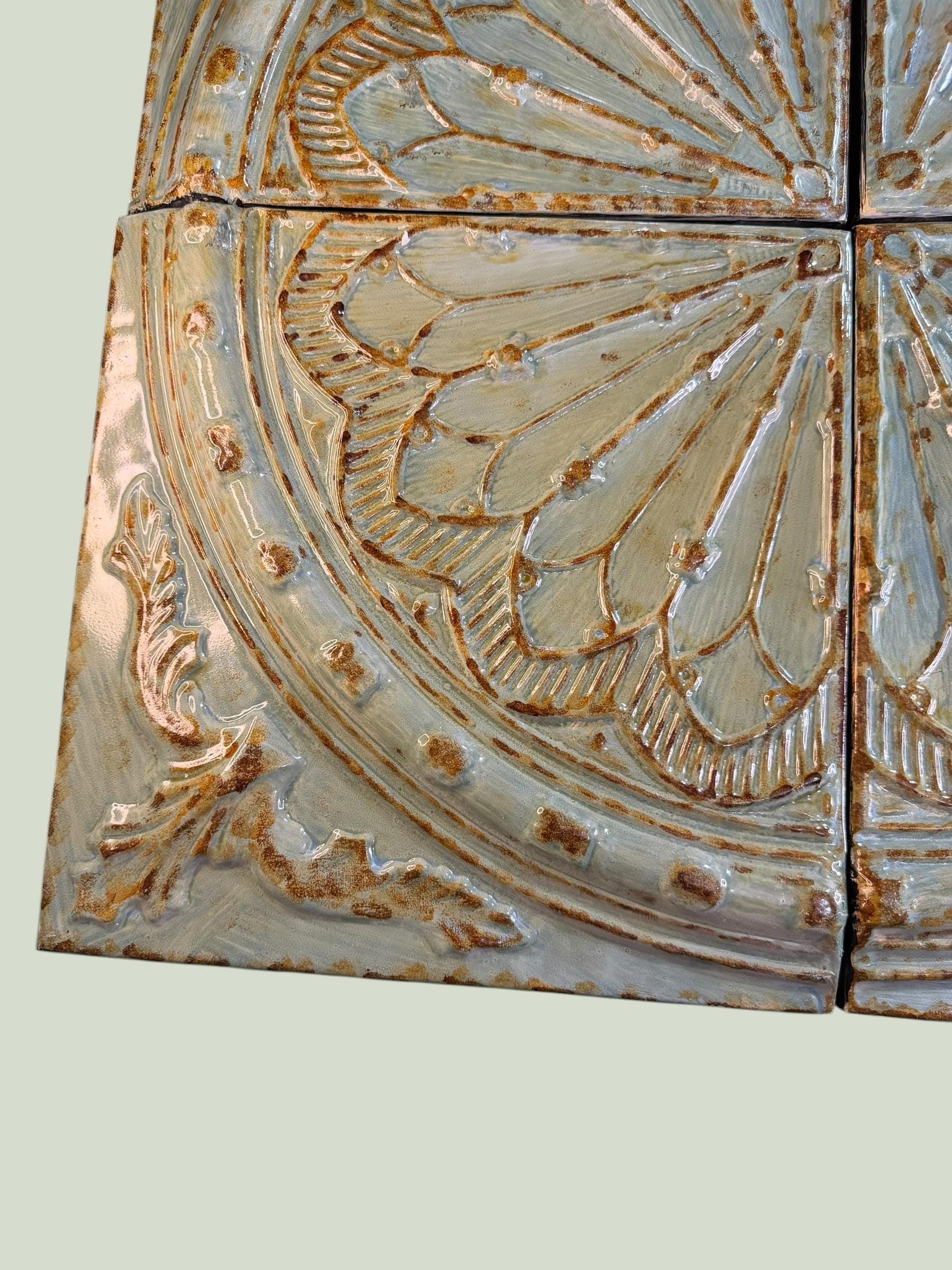 Pressed Tin Ceiling Tile Set 4pc Glazed Rosette Medallion Old World Wall Decor - Thumbnail 4