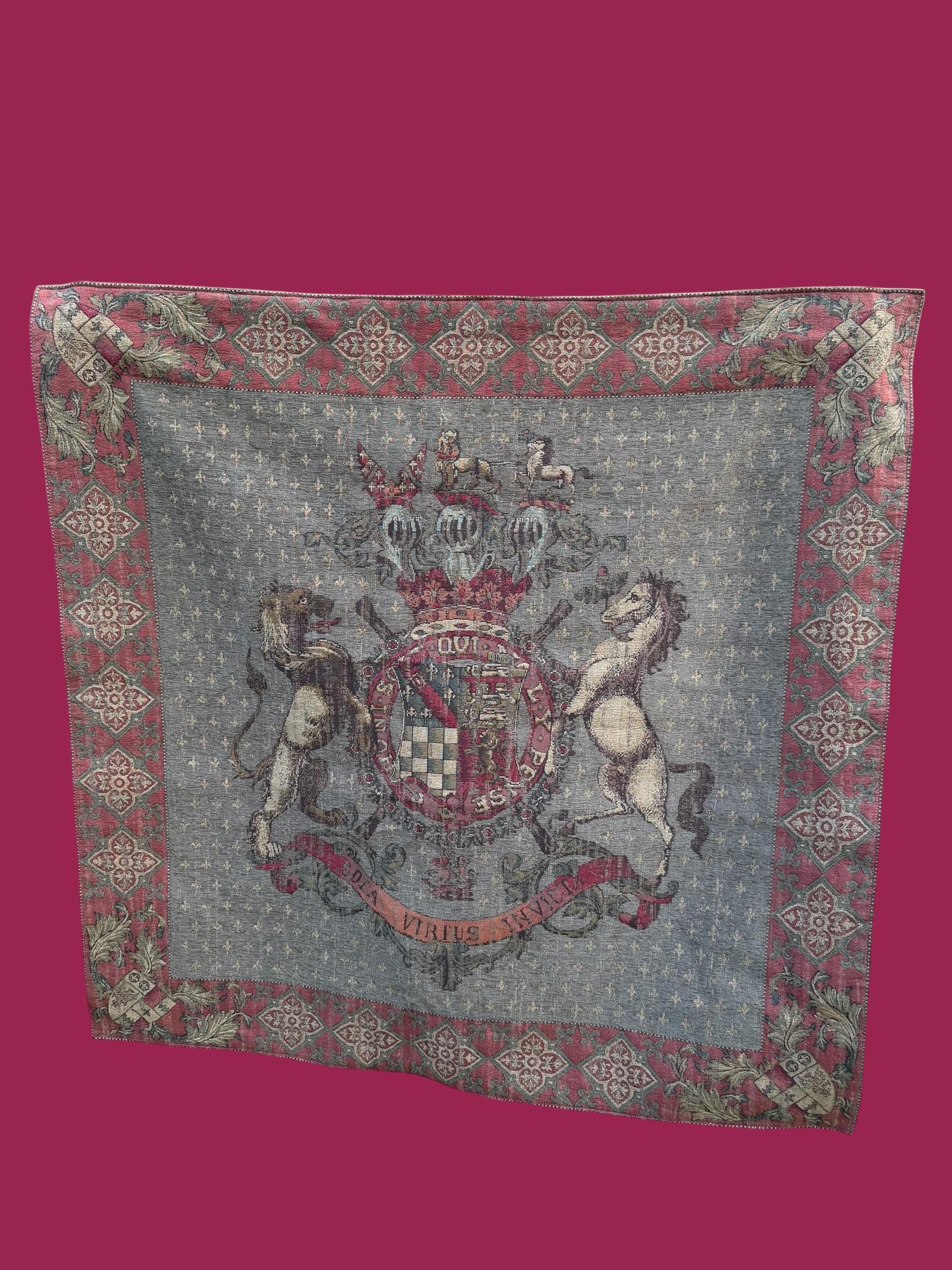 Vintage Heraldic Coat of Arms Tapestry Wall Hanging Lion Unicorn Woven Panel - Image 1
