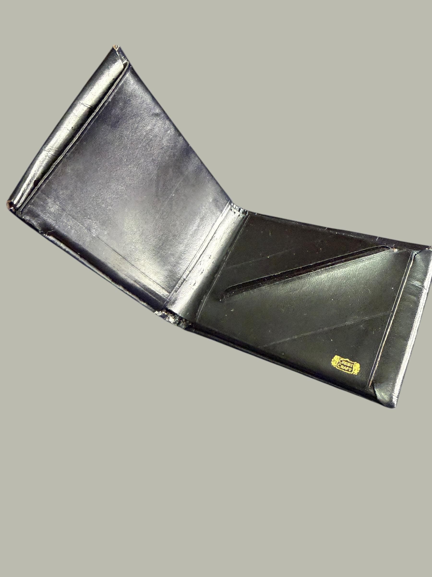 Vintage Crest Craft Black Leather Bifold Wallet Card Case Set Gold Stamp - Thumbnail 5