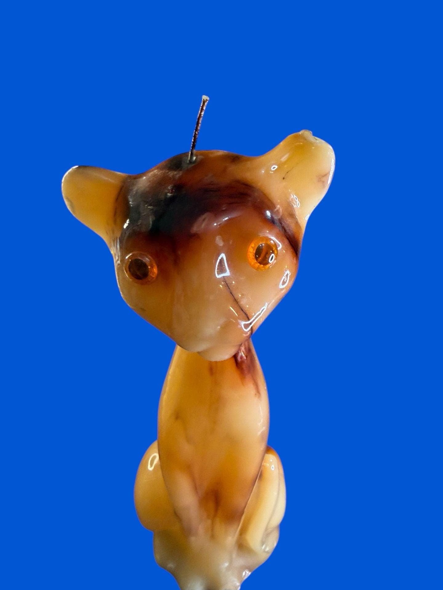 Vintage 16 Inch Mid-Century Modern Tall Amber Cat Candle with Plastic Eyes - Thumbnail 6