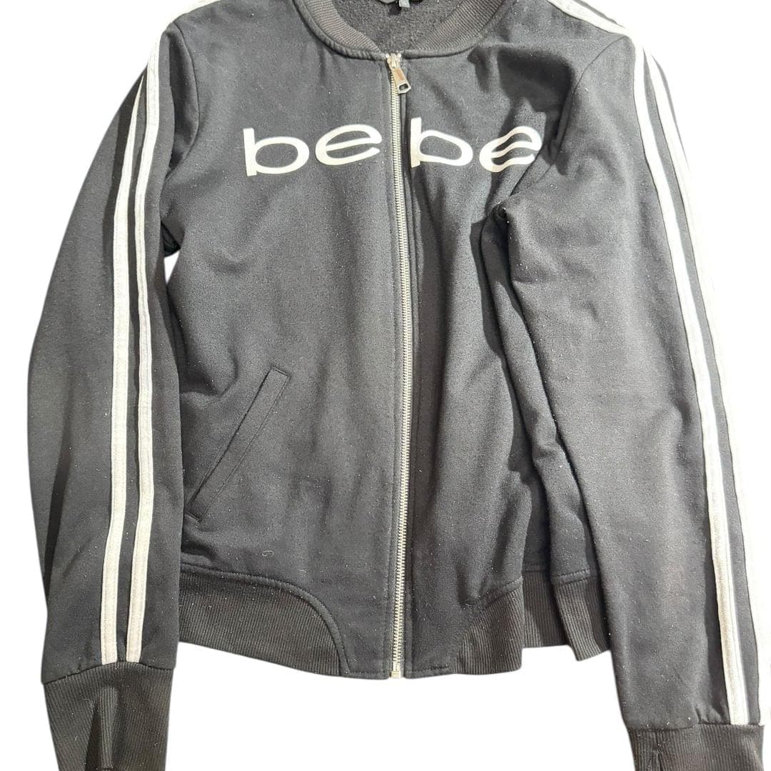 Bebe Sport Women's Black Track Jacket Logo Zip Up Bomber Fleece Lined Size L - Image 1