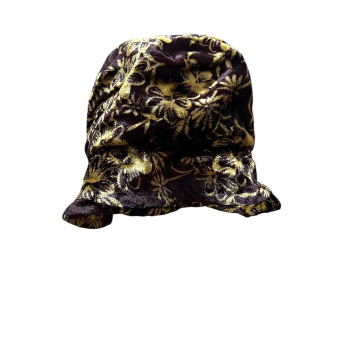 Y2K Brown Gold Floral Velvet Bucket Hat Soft Viscose Made in India - Image 1