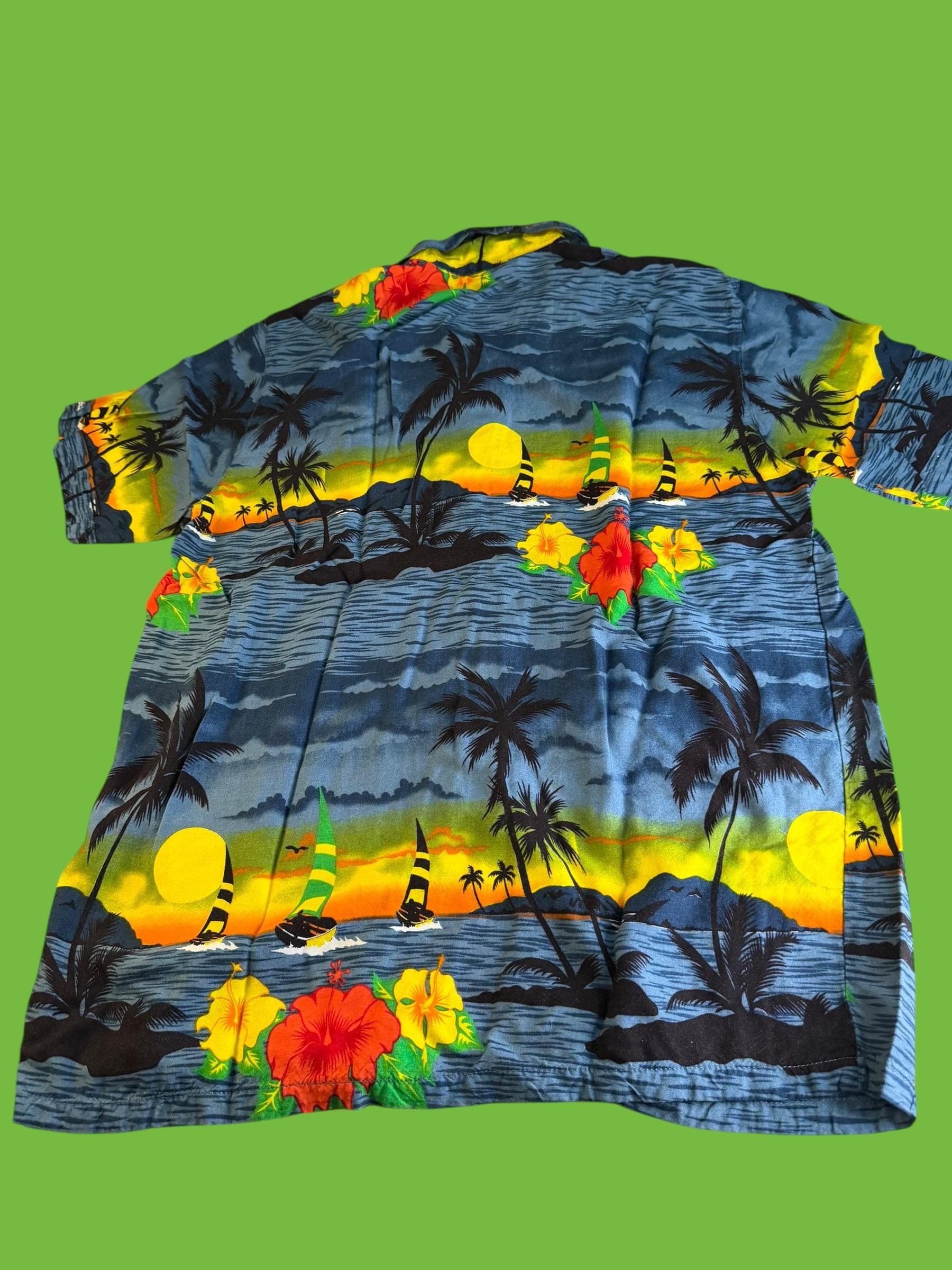 Kowah Hawaiian Shirt XL Blue Tropical Sunset Palm Tree Hibiscus Rayon Aloha - Thumbnail 2