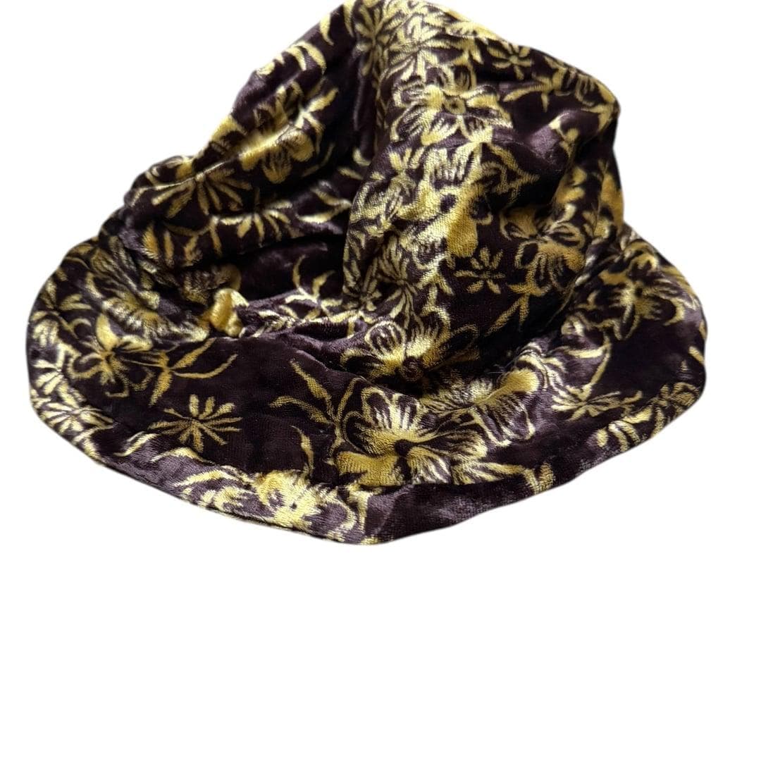 Y2K Brown Gold Floral Velvet Bucket Hat Soft Viscose Made in India - Thumbnail 2