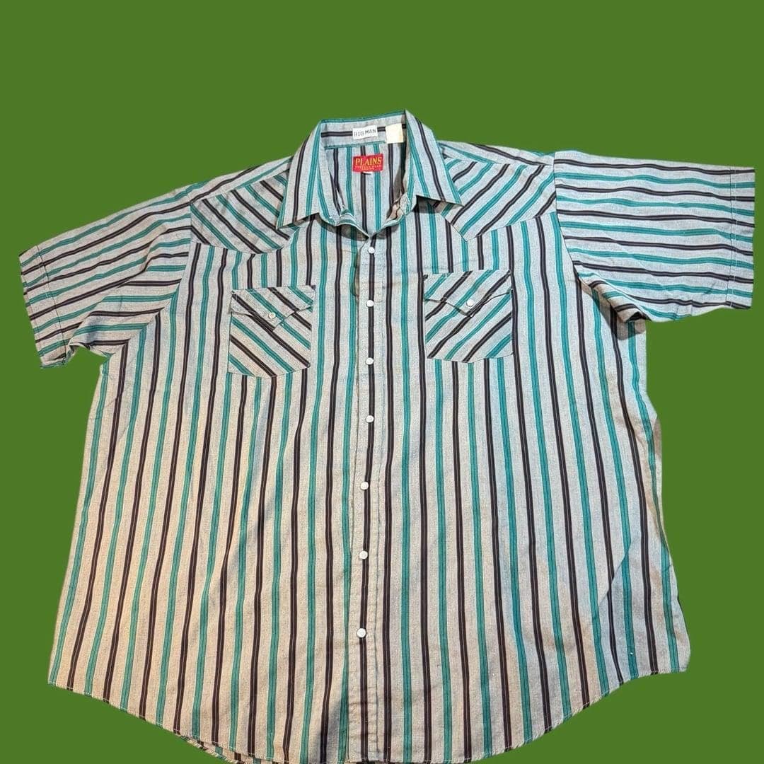 Vintage Plains Western Wear Big Man 2X Striped Short Sleeve Pearl Snap Shirt - Image 1