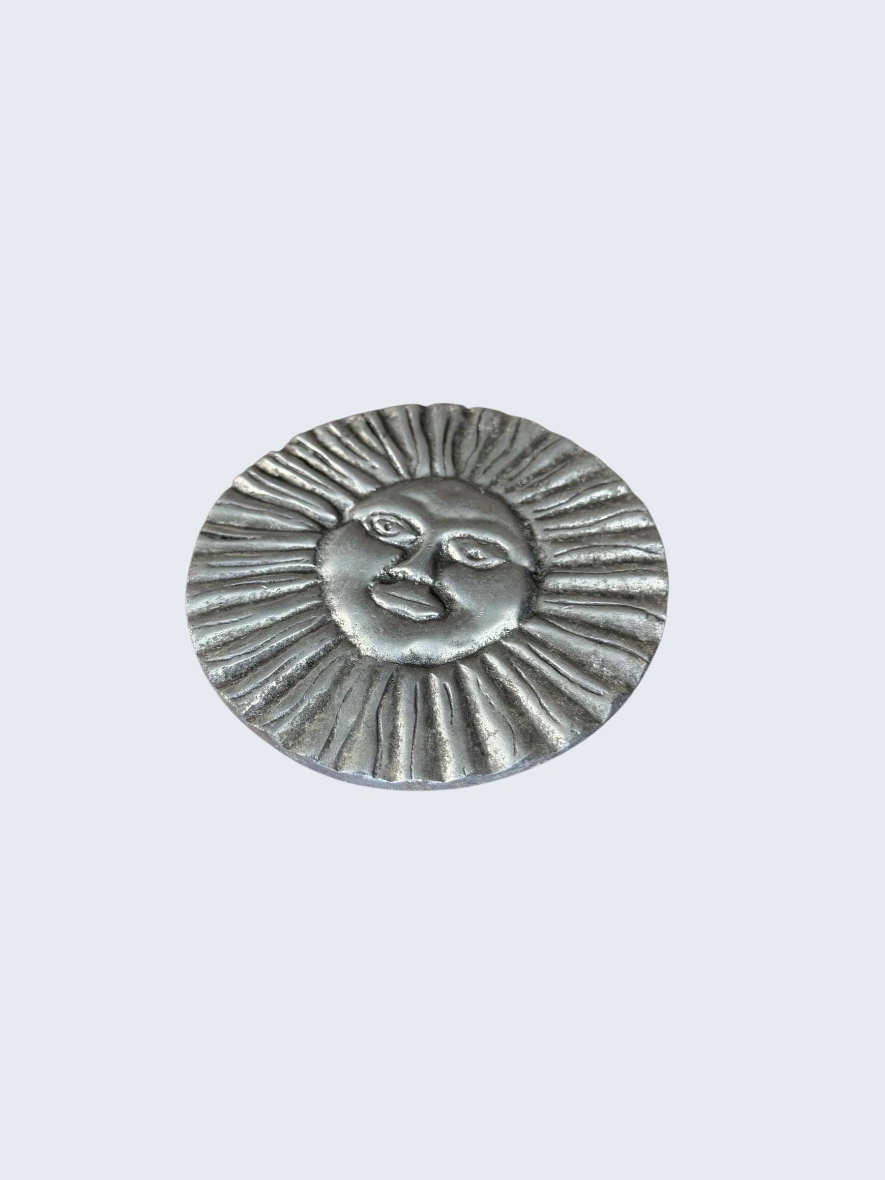 Vintage Mexican Metal Sun Face Wall Art Rustic Silver Boho Decor - Image 1