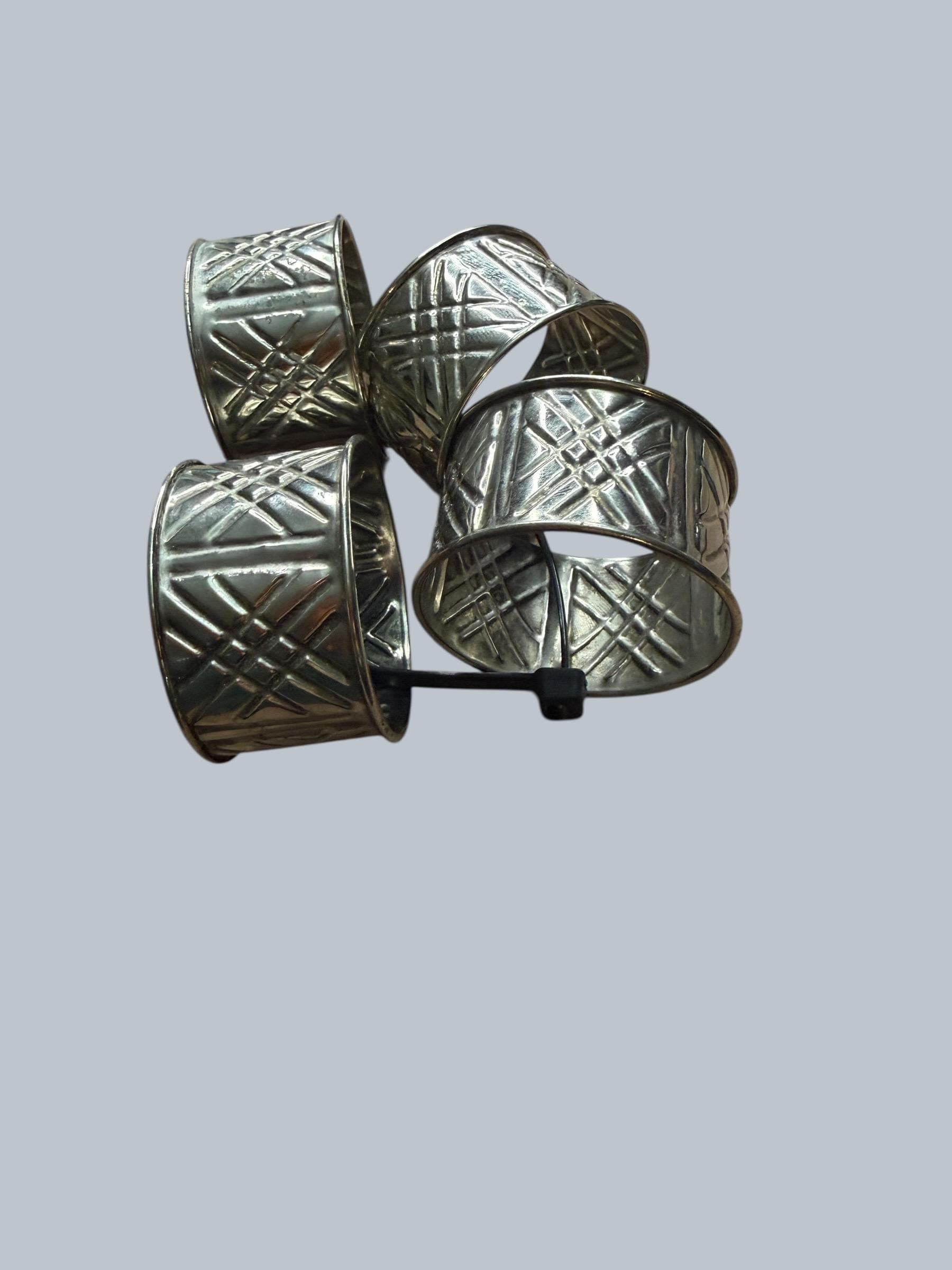 Vintage Silverplate Napkin Rings Set of 4 Embossed Geometric Pattern Art Deco Style Table Setting Dining Decor - Image 1