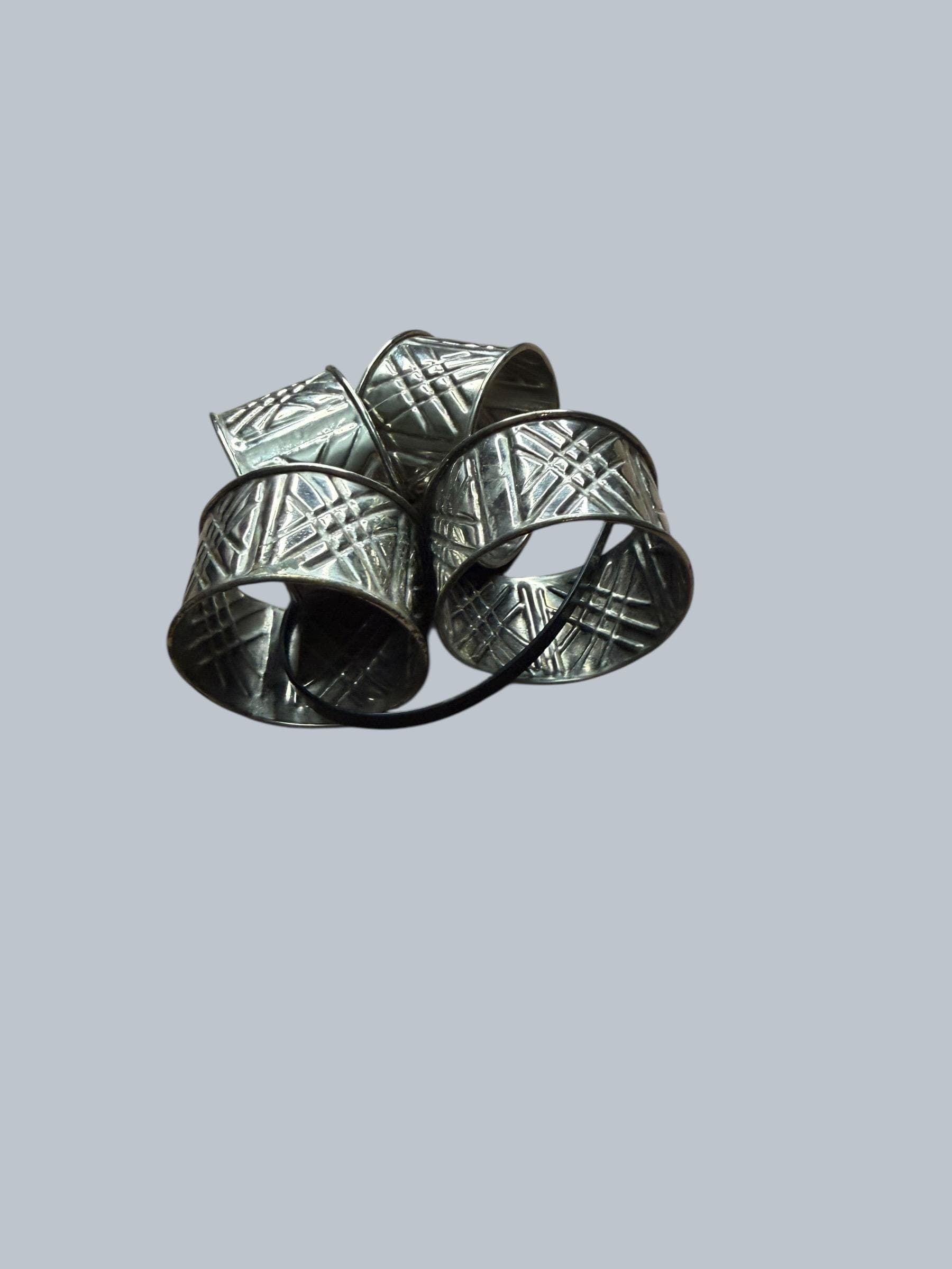 Vintage Silverplate Napkin Rings Set of 4 Embossed Geometric Pattern Art Deco Style Table Setting Dining Decor - Thumbnail 2
