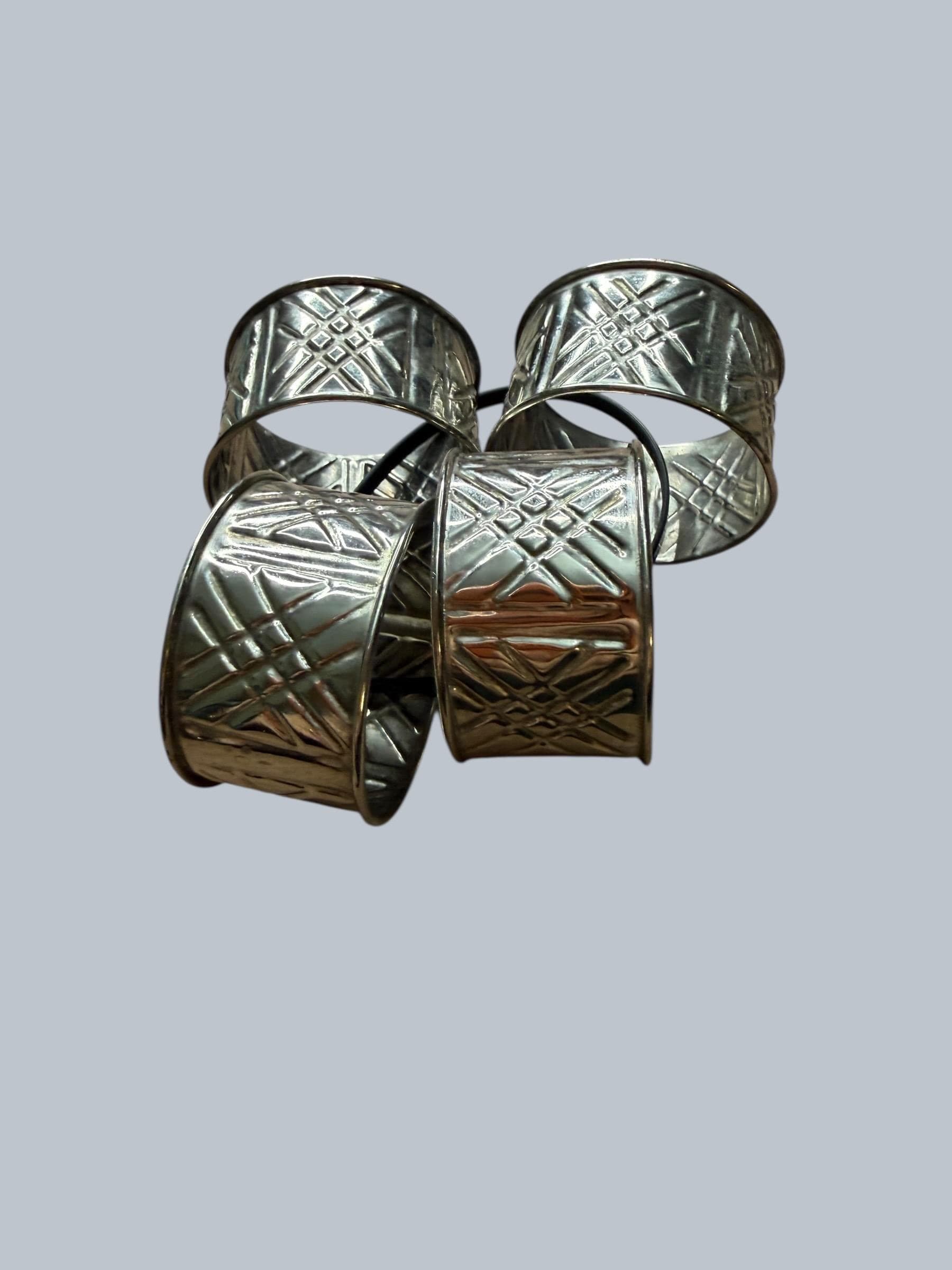 Vintage Silverplate Napkin Rings Set of 4 Embossed Geometric Pattern Art Deco Style Table Setting Dining Decor - Thumbnail 4