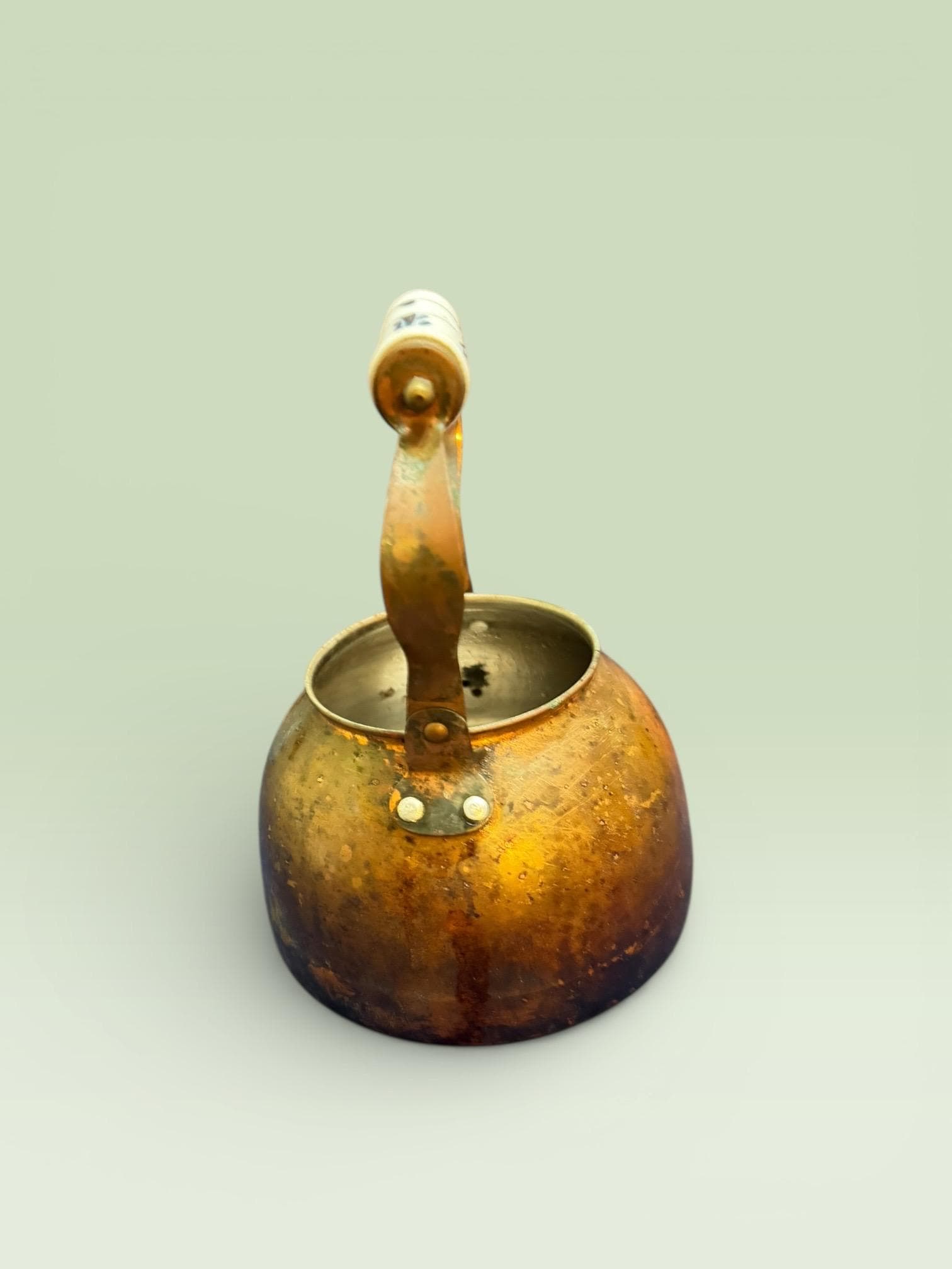 Mid Century Copper Teapot with Delft Blue Ceramic Handle European Vintage Decor - Thumbnail 3