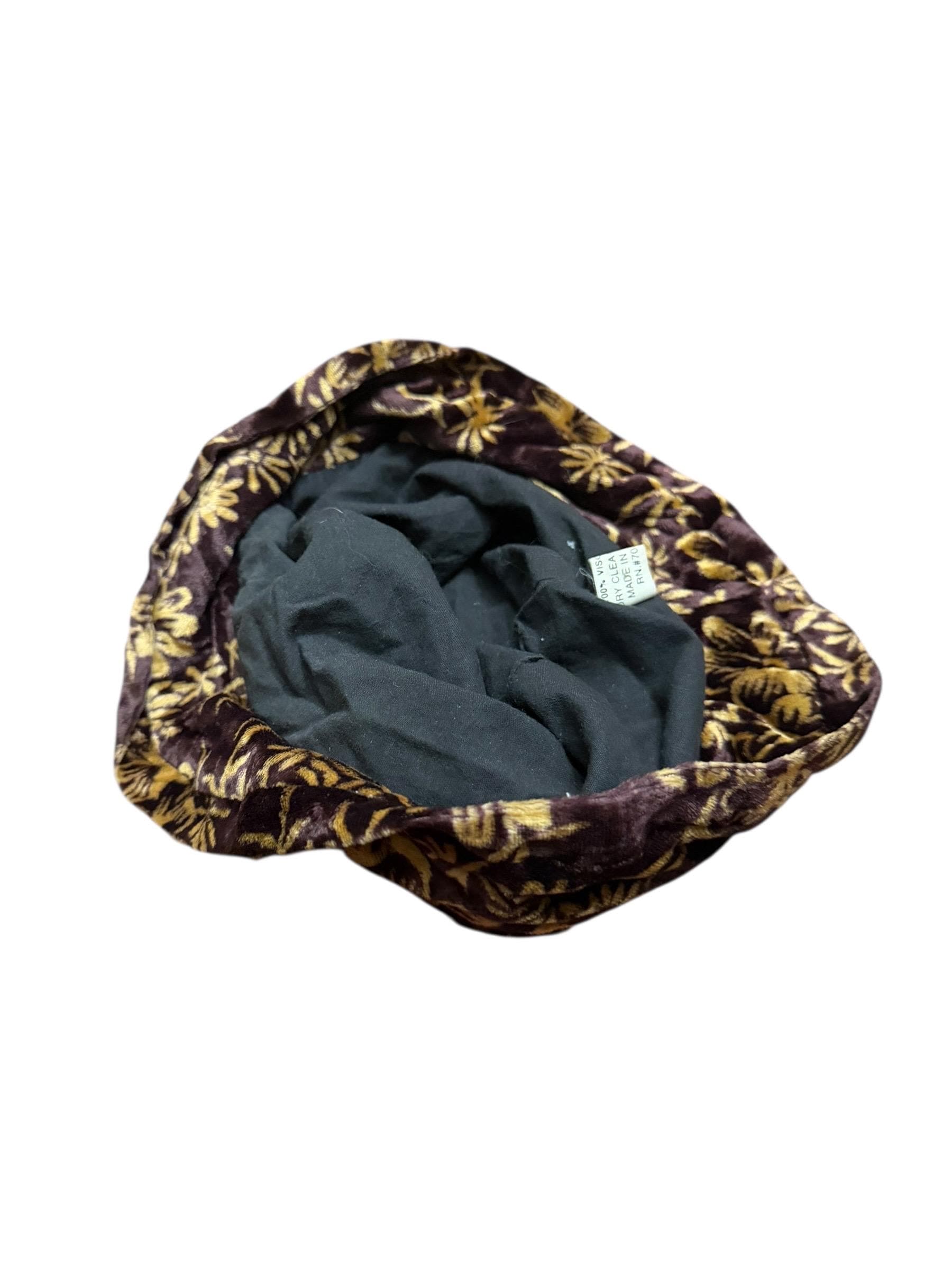 Y2K Brown Gold Floral Velvet Bucket Hat Soft Viscose Indie Boho - Thumbnail 4