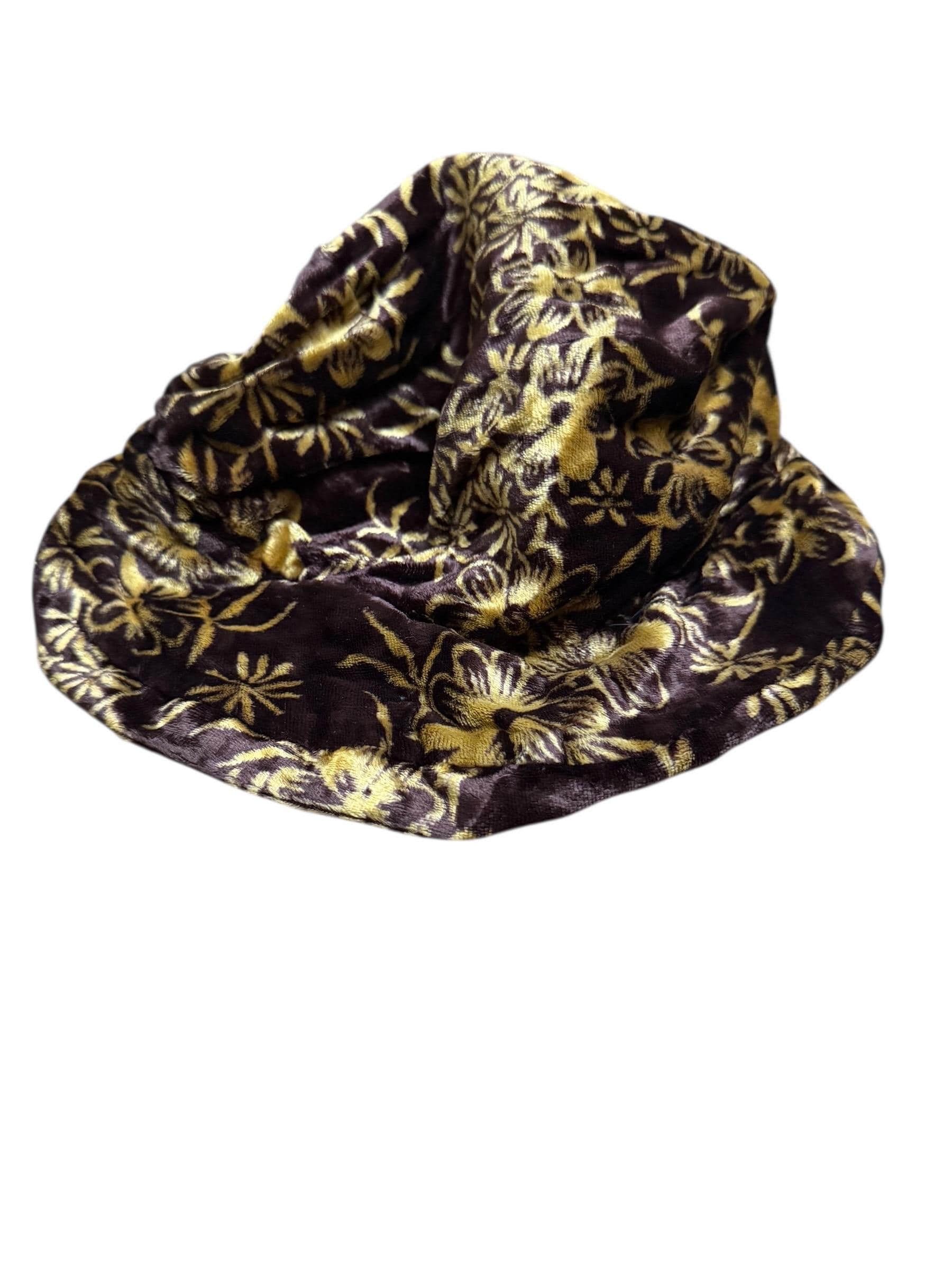Y2K Brown Gold Floral Velvet Bucket Hat Soft Viscose Indie Boho - Thumbnail 2