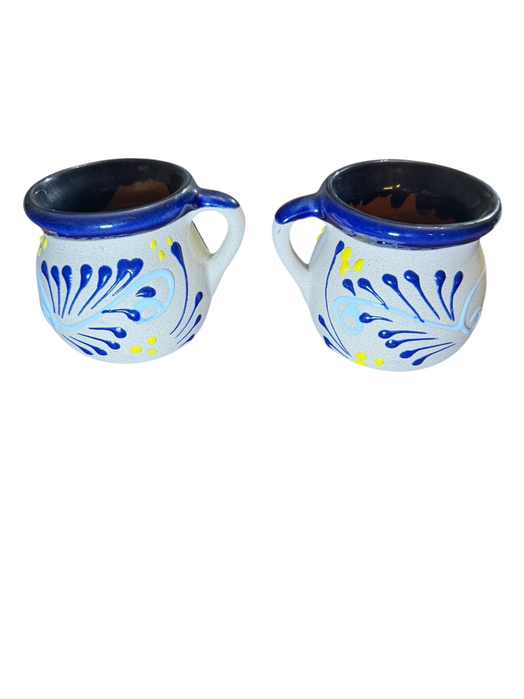 Handmade Mexican Folk Art Stoneware Mugs Set of 2 Blue Yellow - Image 1