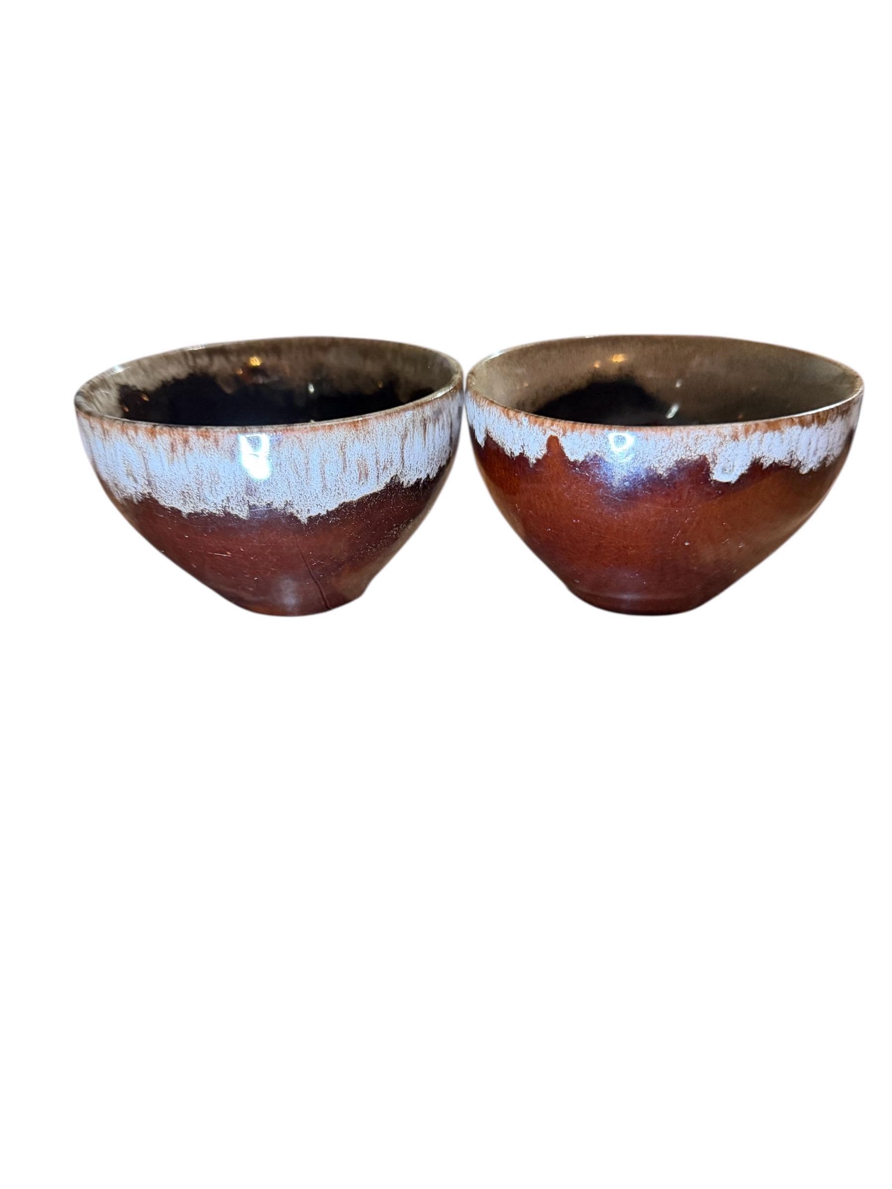 Vintage Brown Drip Glaze Stoneware Tea Cups Mid Century Studio Pottery Pair - Thumbnail 4
