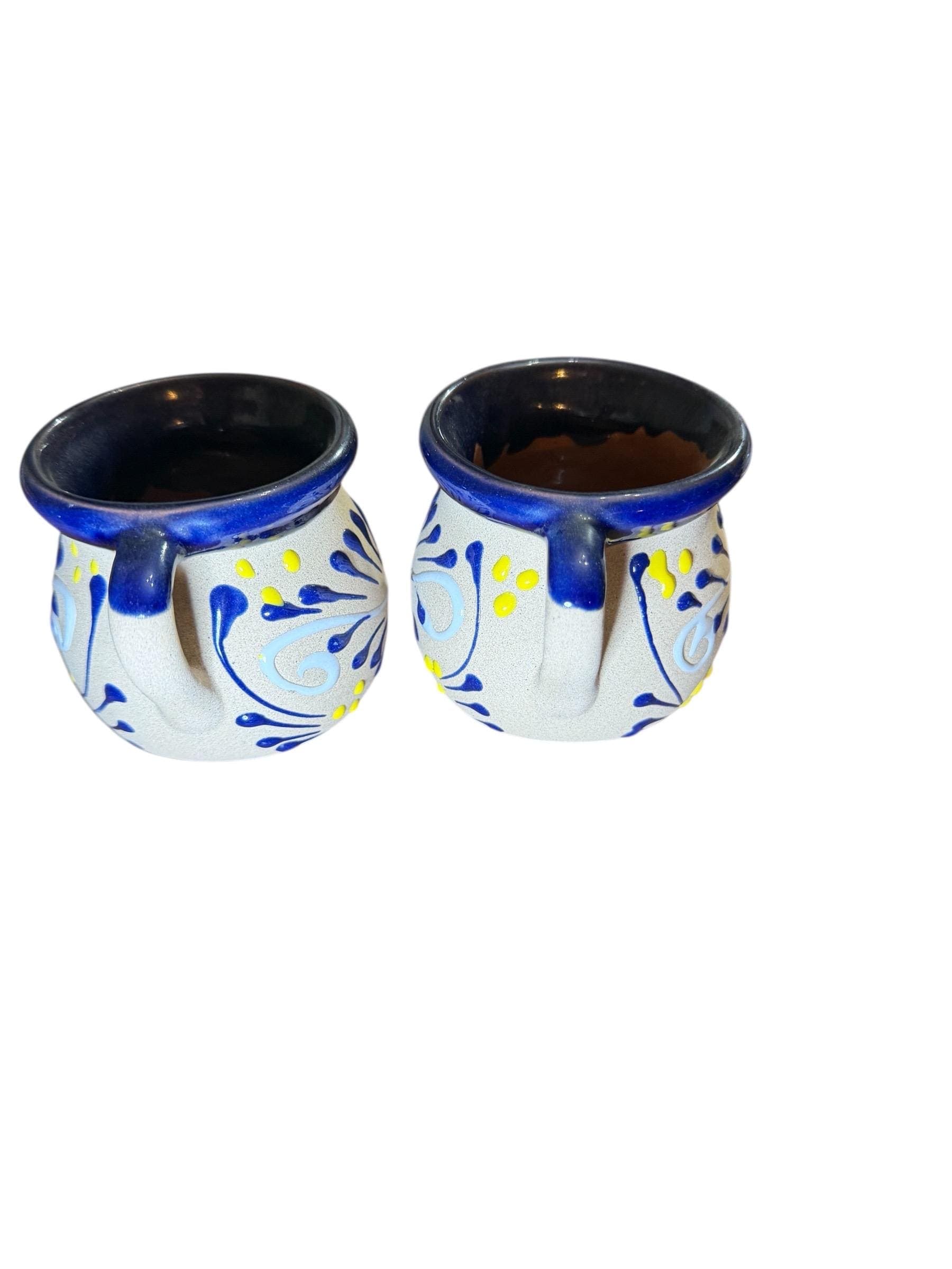 Handmade Mexican Folk Art Stoneware Mugs Set of 2 Blue Yellow - Thumbnail 3