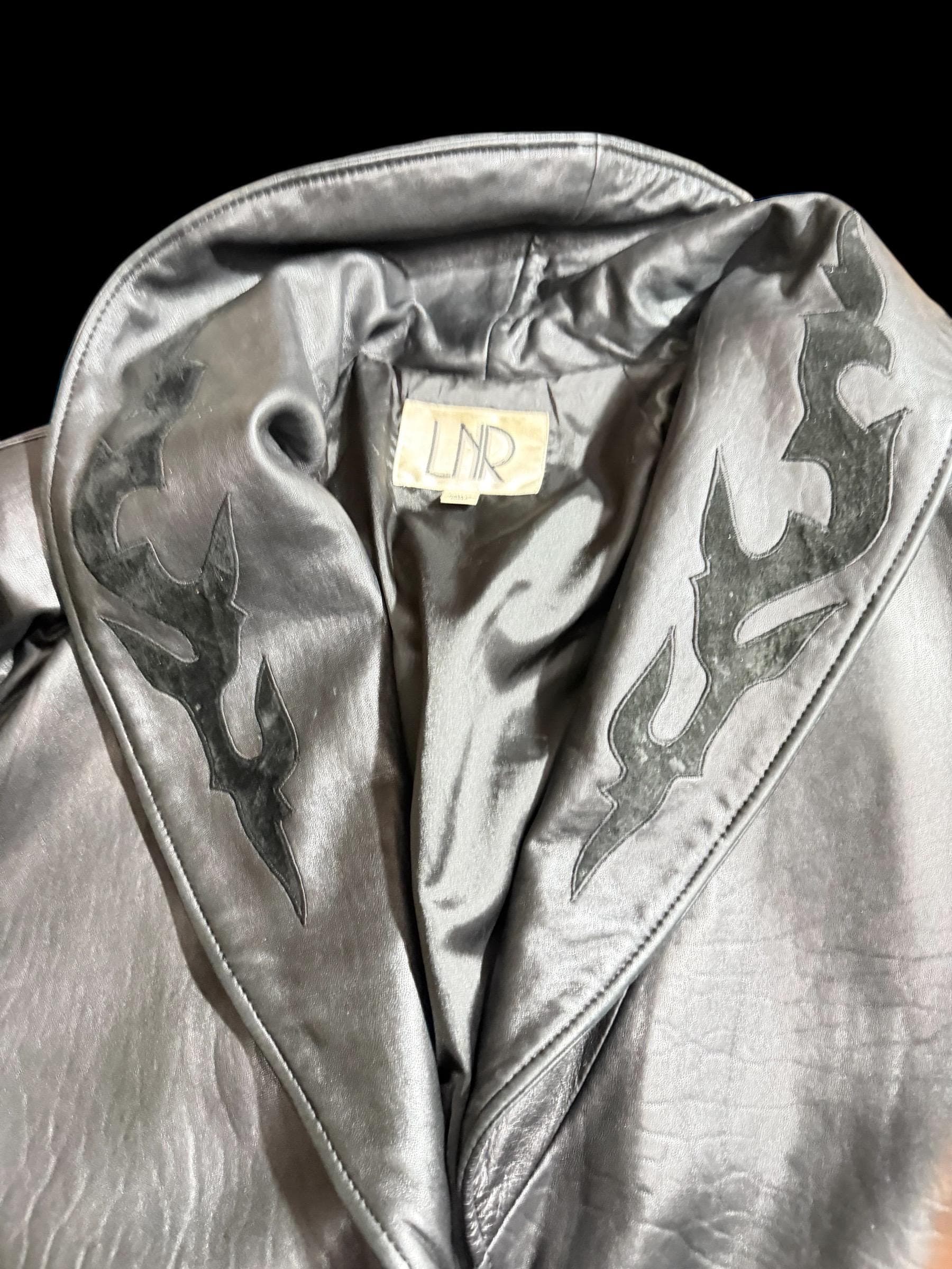 Vintage Y2K Black Leather Coat Flame Lapel LNR Size Large - Thumbnail 3