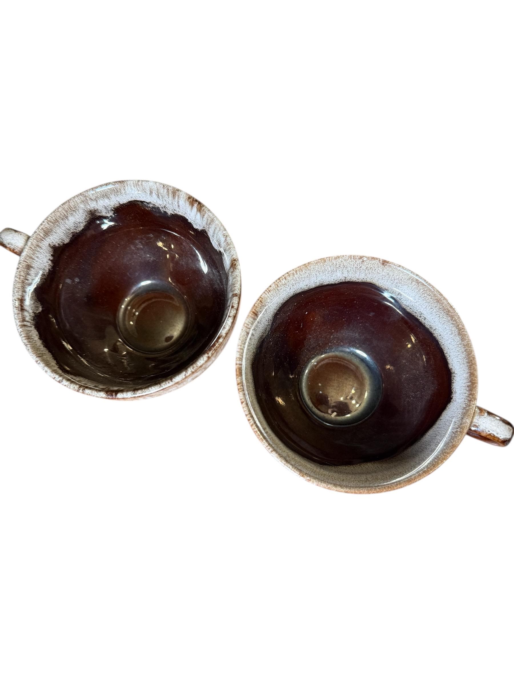 Vintage Brown Drip Glaze Stoneware Tea Cups Mid Century Studio Pottery Pair - Thumbnail 5