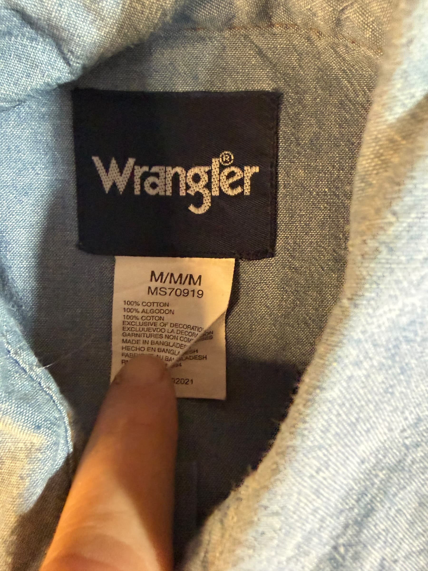 Wrangler Western Pearl Snap Chambray Shirt M Cowboy Boho Vintage Style Denim (65 - Thumbnail 5