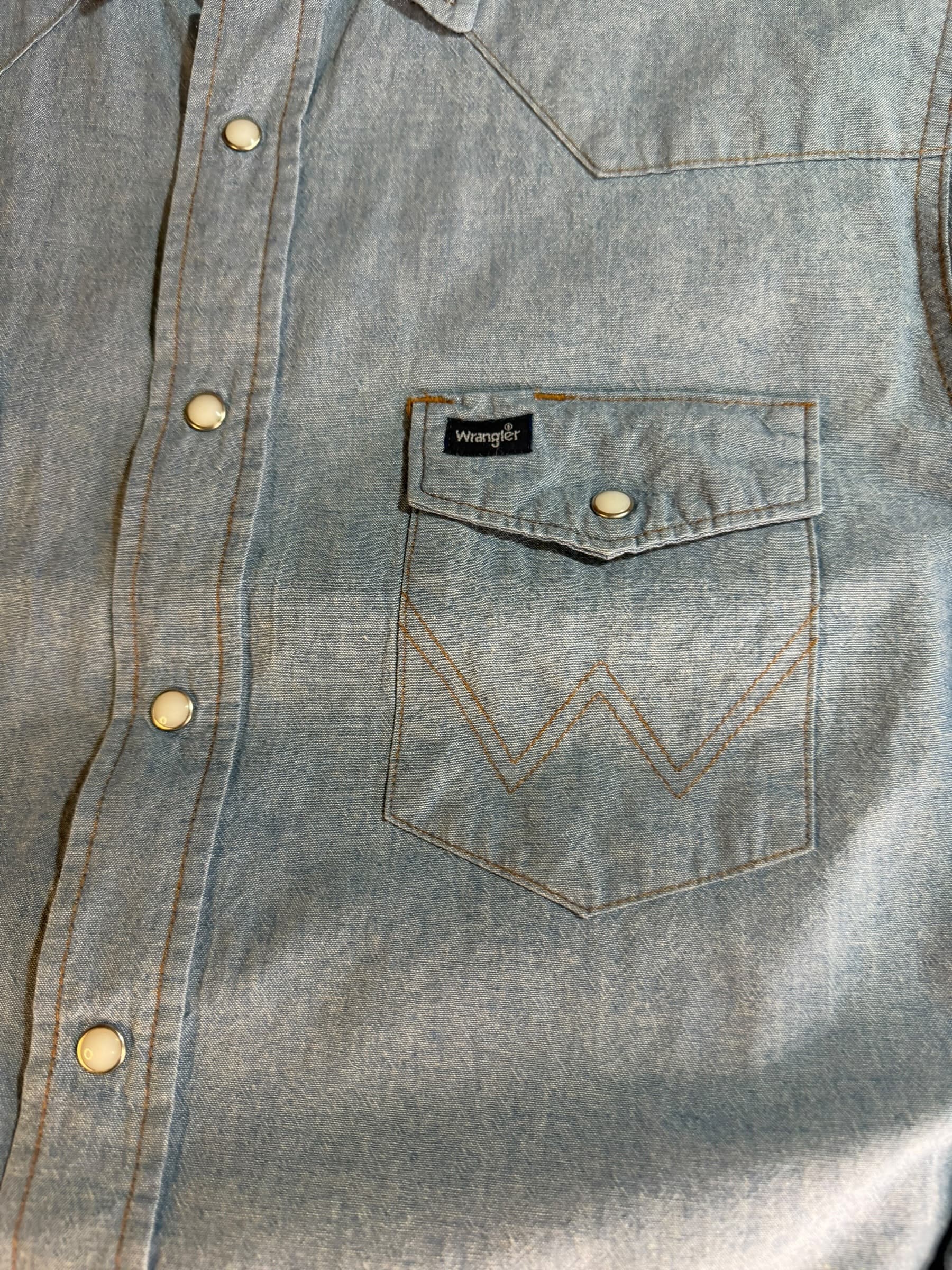 Wrangler Western Pearl Snap Chambray Shirt M Cowboy Boho Vintage Style Denim (65 - Thumbnail 4