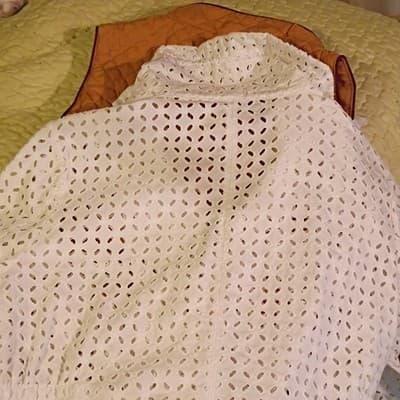 Ann Taylor LOFT Eyelet Zip Jacket White Collared Pockets Ruffle Geometric Sz 4 - Thumbnail 7