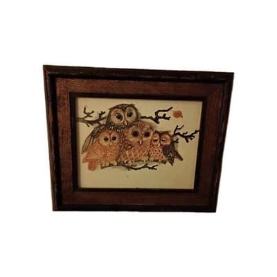 MCM 1970s Retro Owl Family Wood Framed Wall Art Kitschy Decor