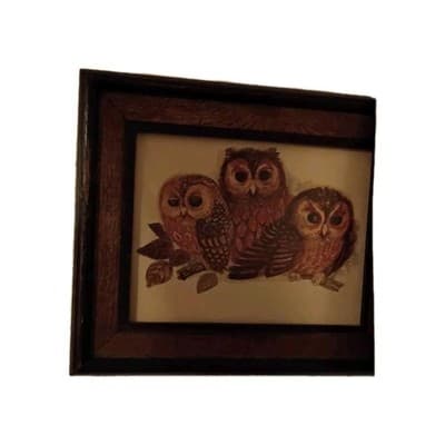 MCM 3 Owls on Branch Art Print Dark Wood Frame Retro Woodland Decor - Image 1